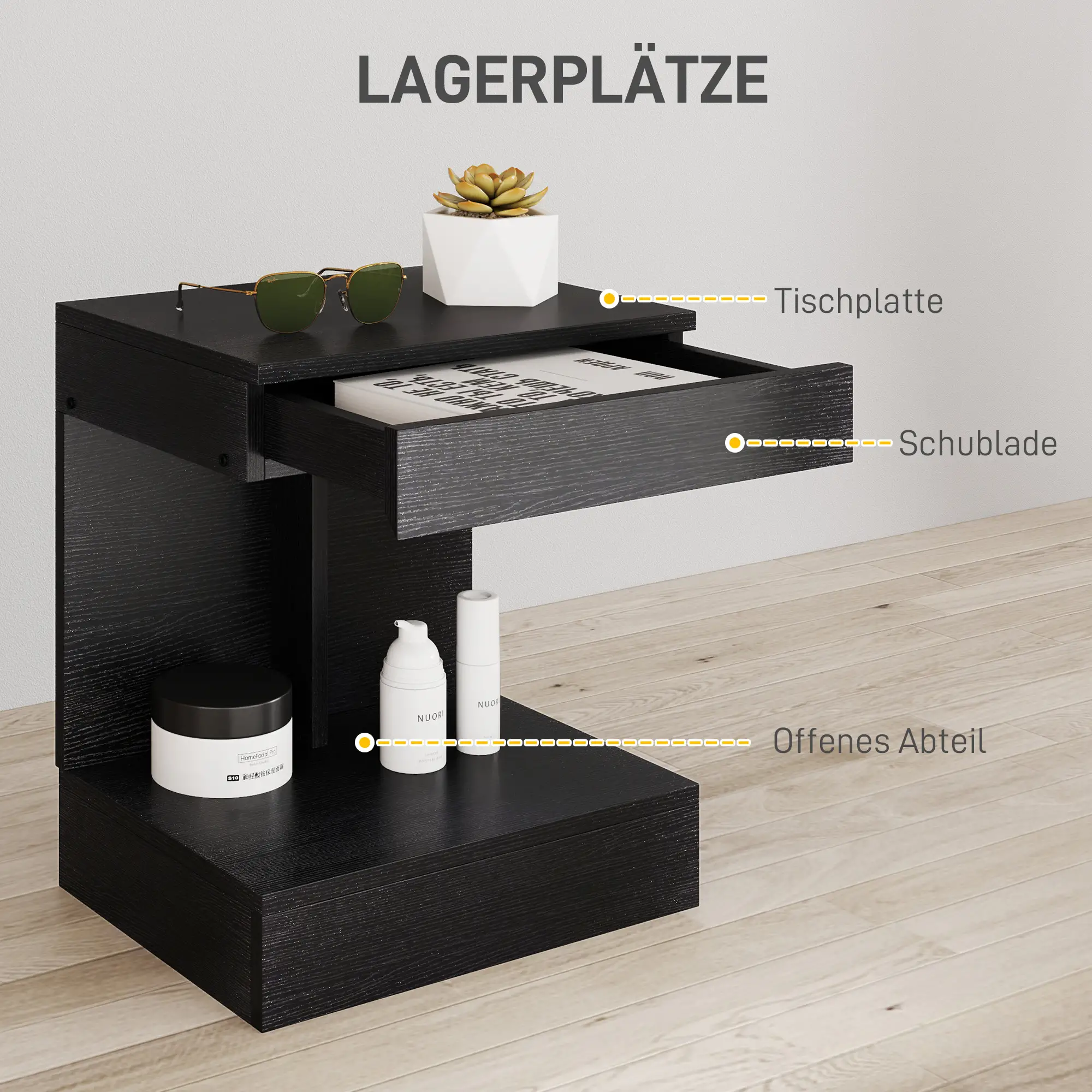 HOMCOM Nachttisch 40x30x46 cm mit Schublade Schwarz