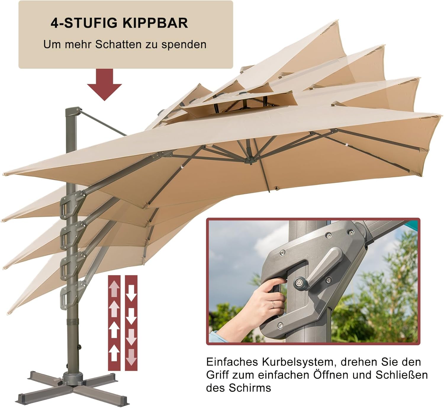 LKINBO Sonnenschirm 300 x 400 cm Rechteckig mit Ständer und Kurbel, Groß Ampelschirm Terrassenschirm 360°Drehbar Parasol Windfest Gartenschirm Wasserdicht Marktschirm für Garten Deck Outdoor, Khaki