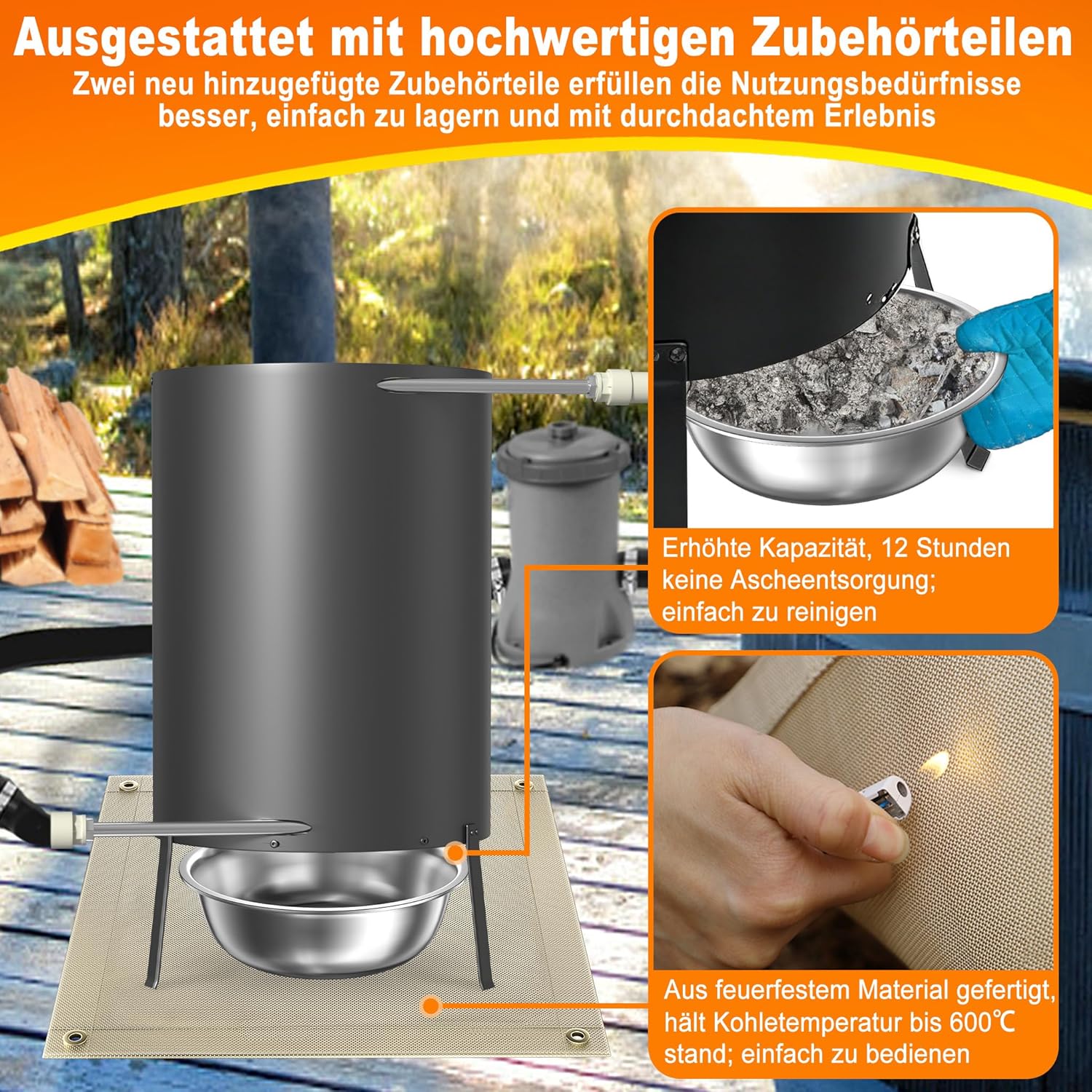 LZQ Poolheizungen mit Feuer und Heizspirale,Outdoor Poolofen, Edelstahl Schwimmbadheizung mit Ø32/38mm Anschlüsse Brennholz Pool Heizung 28L Feuertonne Holz, Schwarz, 2 Stück
