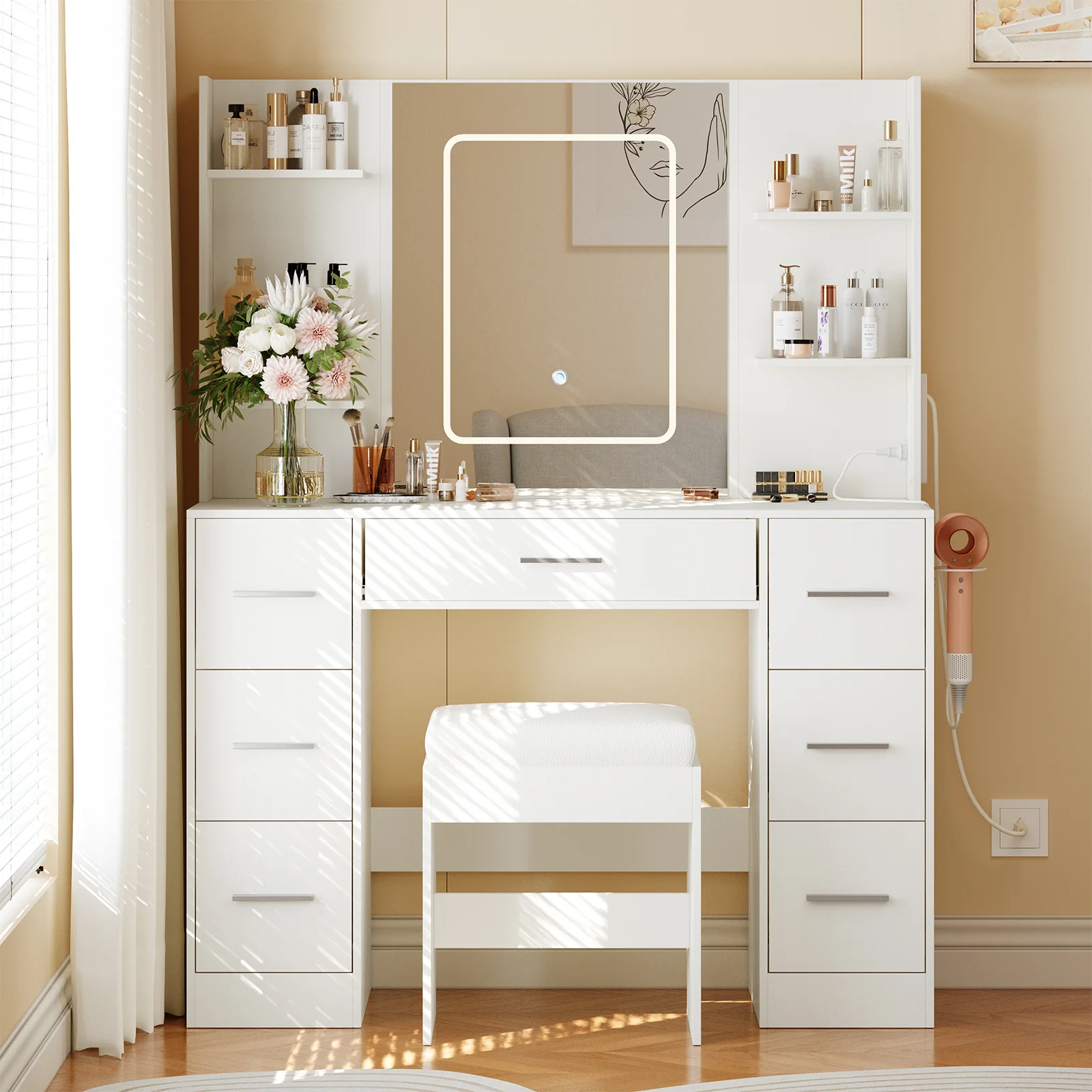 Garvee 43.3'' Vanity Desk Stool Set, Modern Makeup Table with Lighted Mirror, Power Outlet, 7 Drawers, 4 Open Shelves, White
