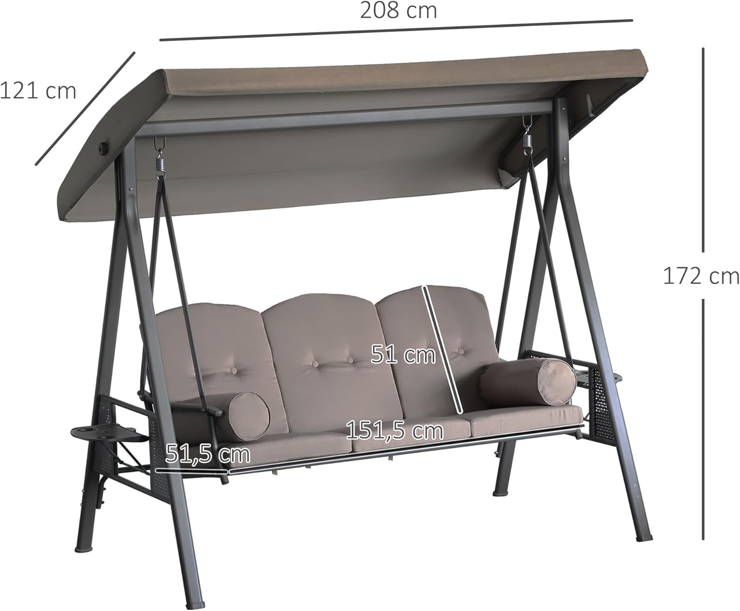 Outsunny 3-Sitzer Gartenschaukel Hoher Komfort Verstellbare Neigung Dach Kissen Versenkbare Tabletts Polyester Garn Beige