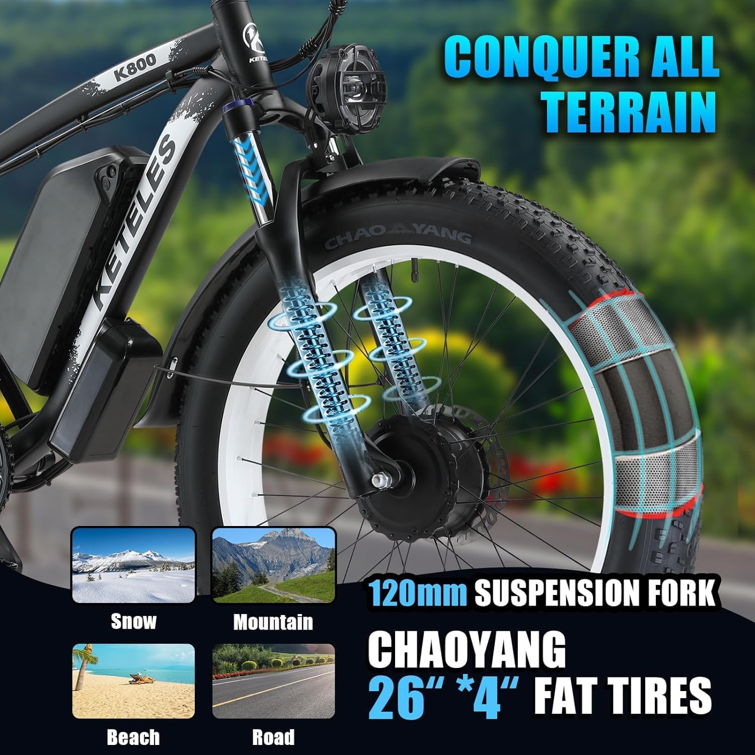 Electric Bike for Adult, 26 x 4.0 Fat Tire Ebike, 1000W/2000W Peak Electric Bicycle, 48V 13/17.5/23AH Waterproof Battery, Front Suspension Ebike, 27MPH-46MPH, Adjustable Seat, UL and GCC Certified