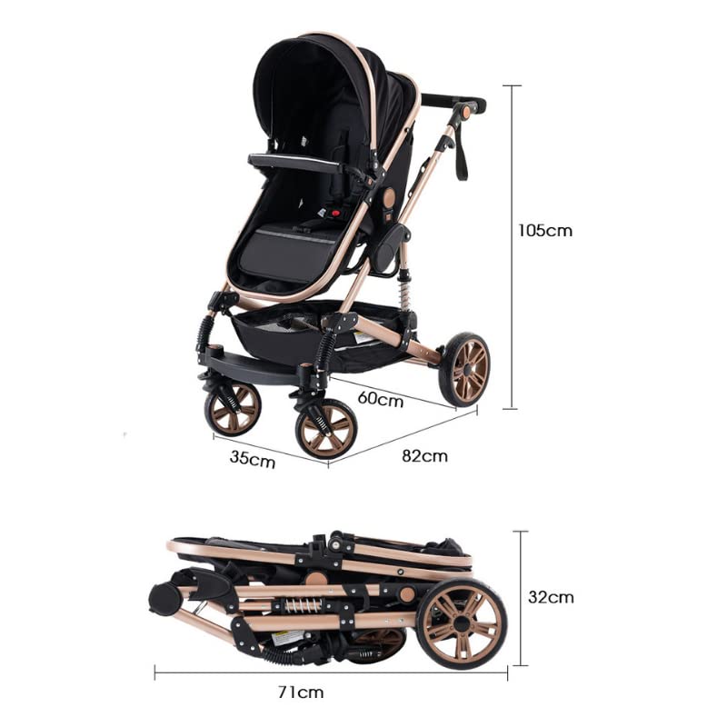 YAZOCO kinderwagen 3 in 1 Buggy Babybett Komplett Set Einem Klick Zusammenklappbarer Kinderwagen, KombiKinderwagen Aluminiumrahmen für Neugeborene (Schwarz)