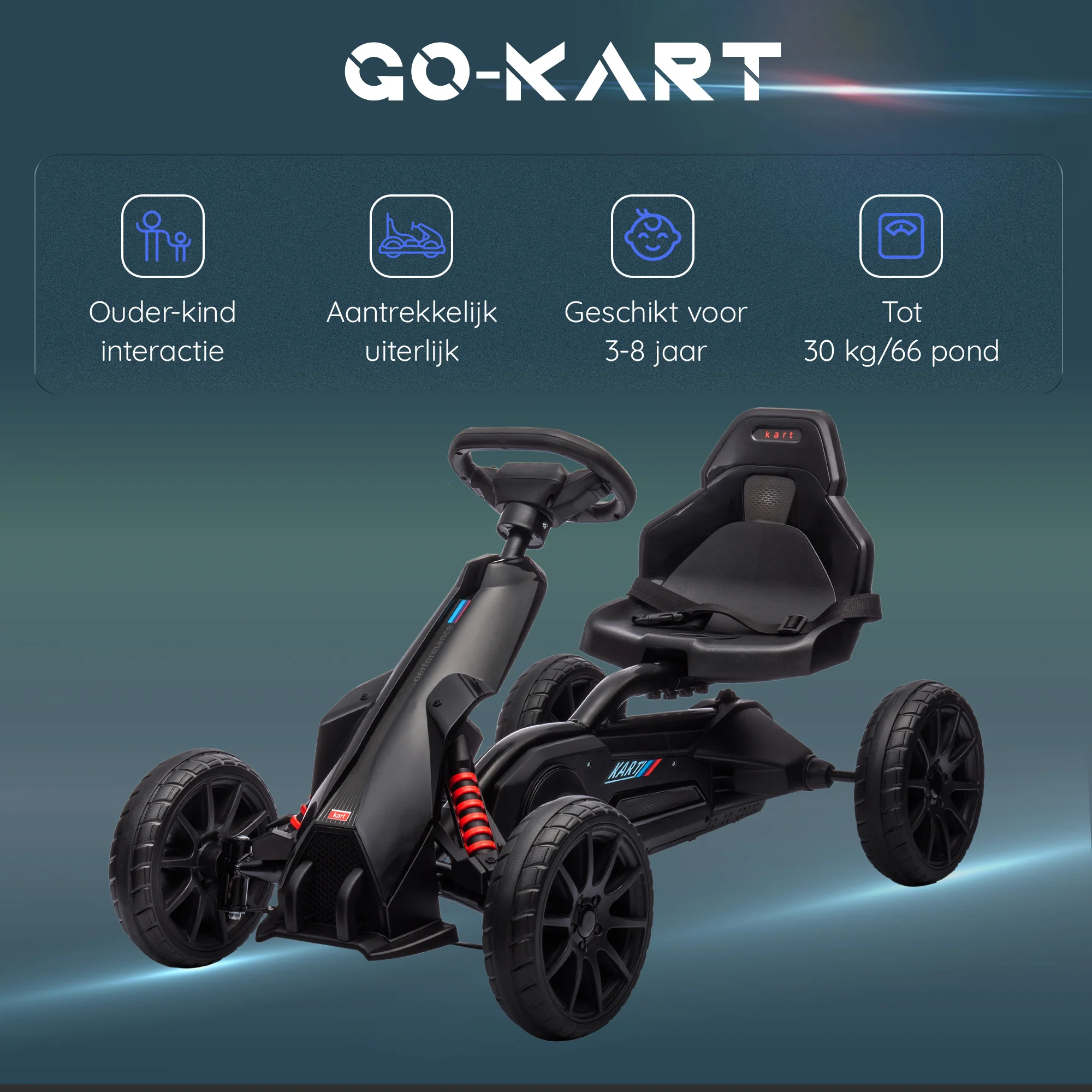 HOMCOM Go-Kart Kinderrijtuig met Verstelbare Zitting, Trapvoertuig, Trapauto met Handrem, 3-8 Jaar, Buiten, Zwart
