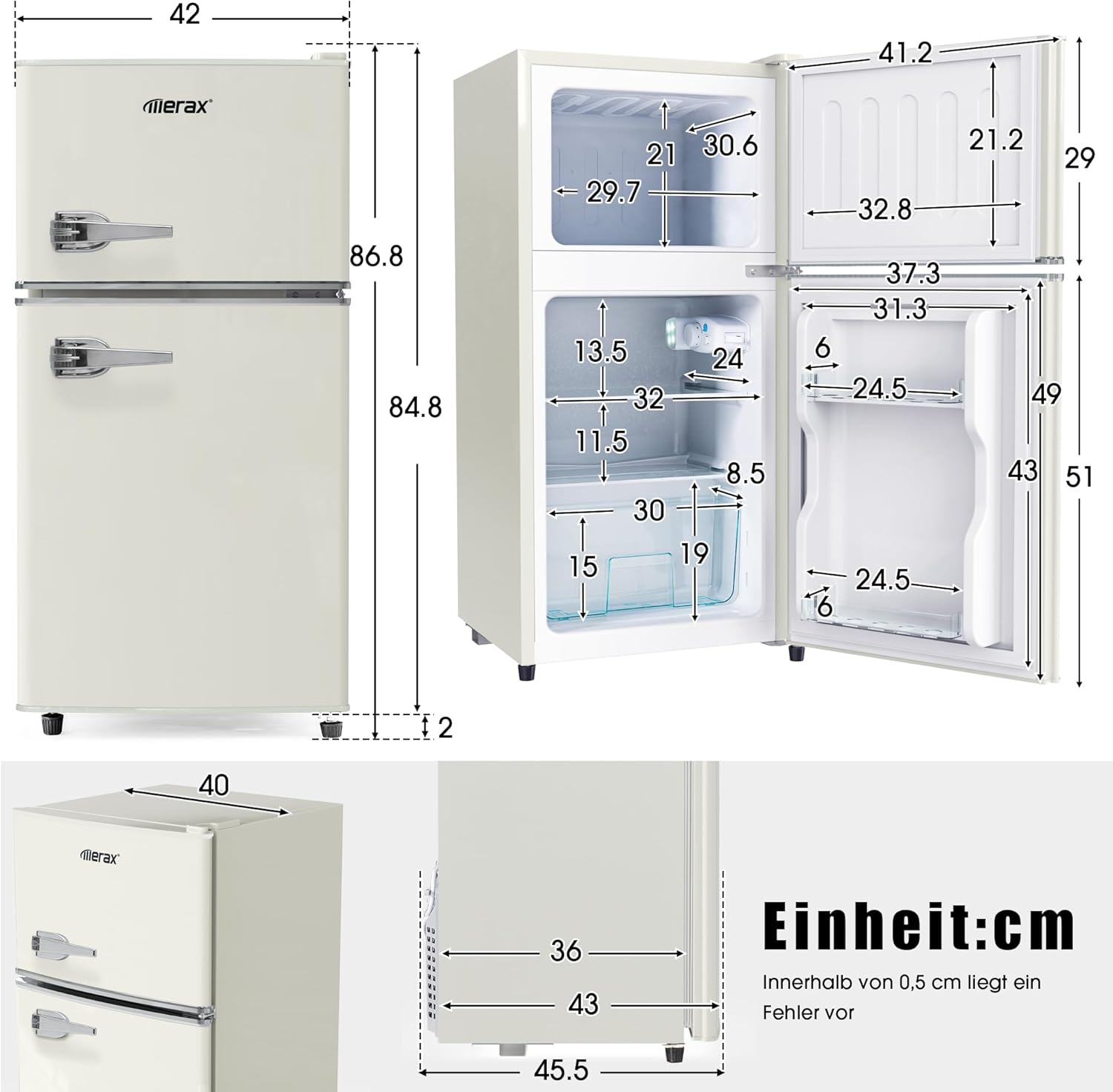 Merax Kühlschrank mit Gefrierfach, Kühl-Gefrierkombination, klein Kühlschrank mit 51L und Gefrierschrank 21L, Leise, LED, Glasablagen, Gemüsefach, Türablagen, für Küche, Wohnzimmer, Büro, Schwarz