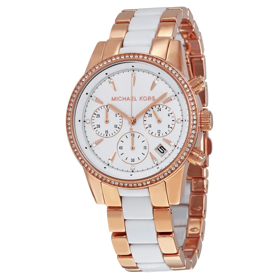 Michael Kors Ritz Chronograph White Dial Rose Gold and Acetate Women's Watch - MK6324
