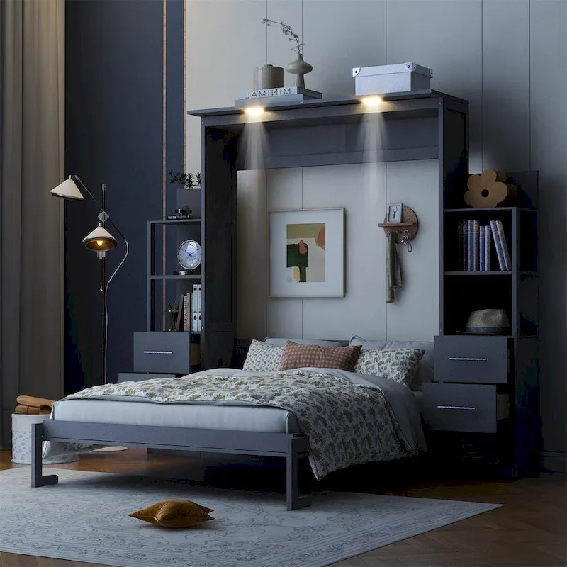 Merax Murphy Bed with Shelves, Drawers, and Integrated LED Lighting