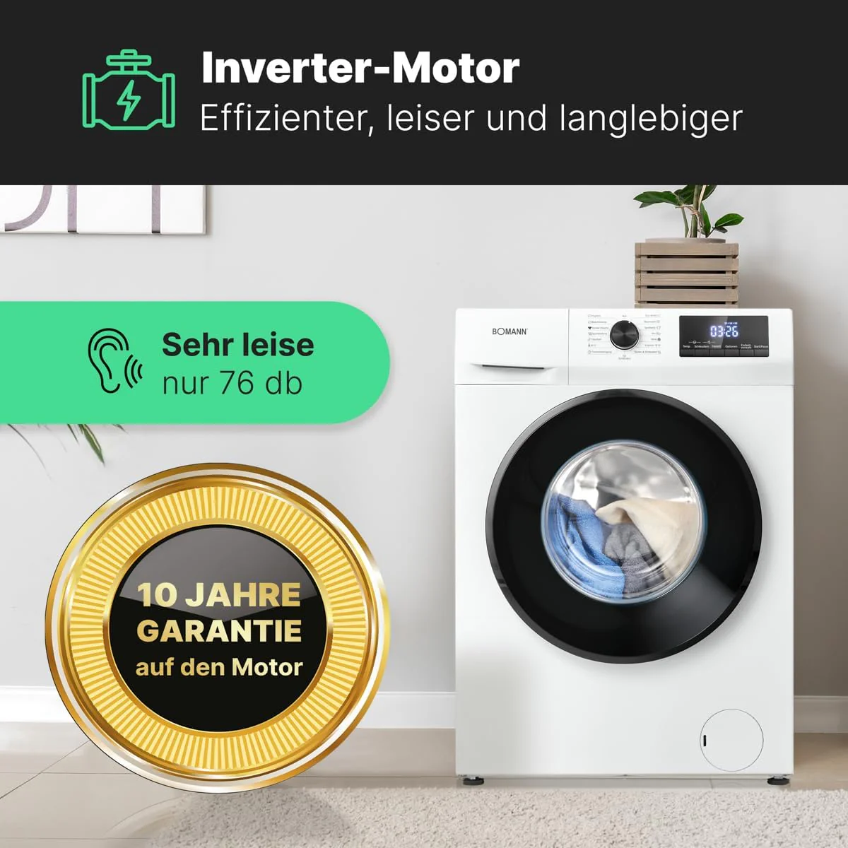 Bomann Wasmachine 7kg | maximaal 1400 tpm | 10 jaar motorgarantie | Effici?nte, stille en duurzame invertermotor | 15 programma's | Eindtijd Netnummer | LED-scherm | Wasmachine | WA 7175 wit