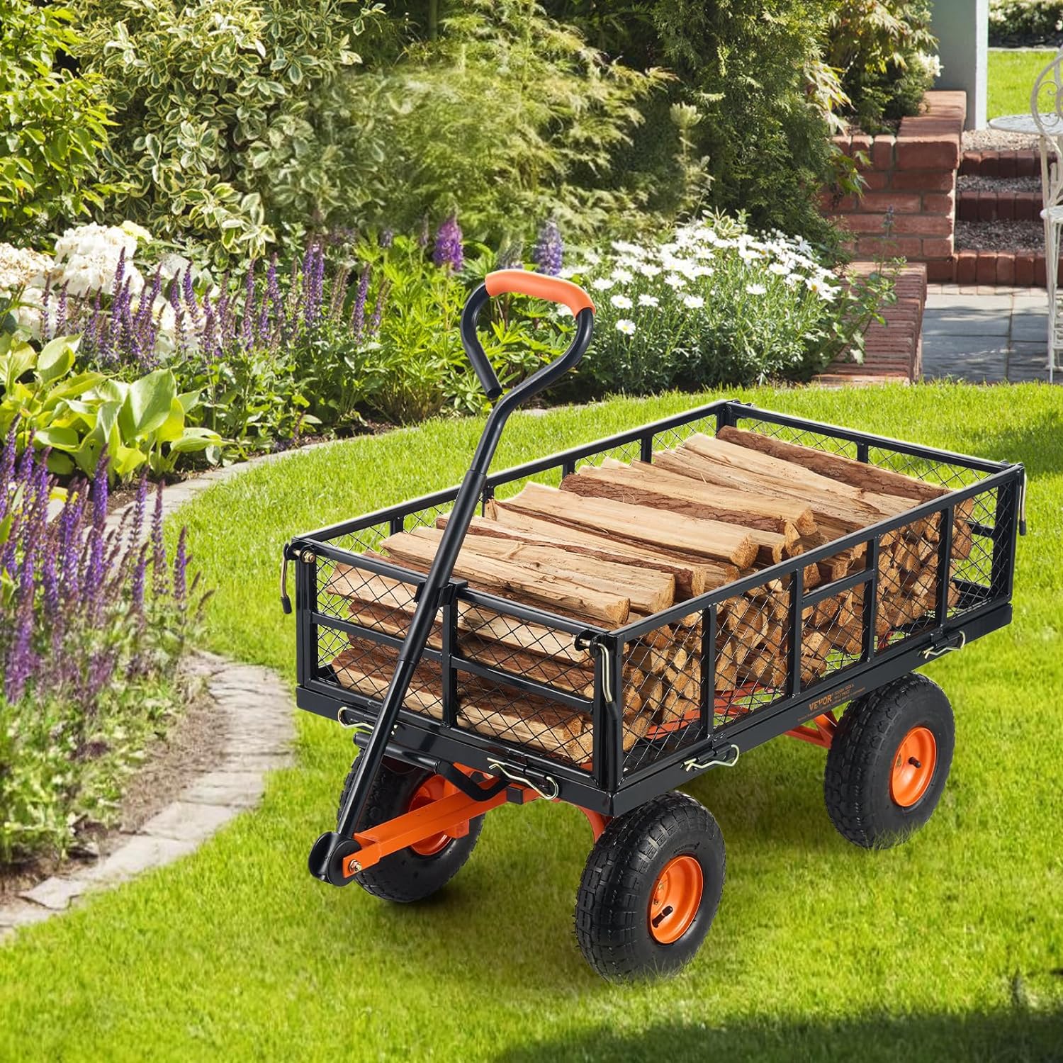Garden Dump Cart, Heavy Duty Garden Wagon Yard Dump Wagon with Removable Sides, Convert to Flatbed, Utility Liner, 10in All Terrain Wheels