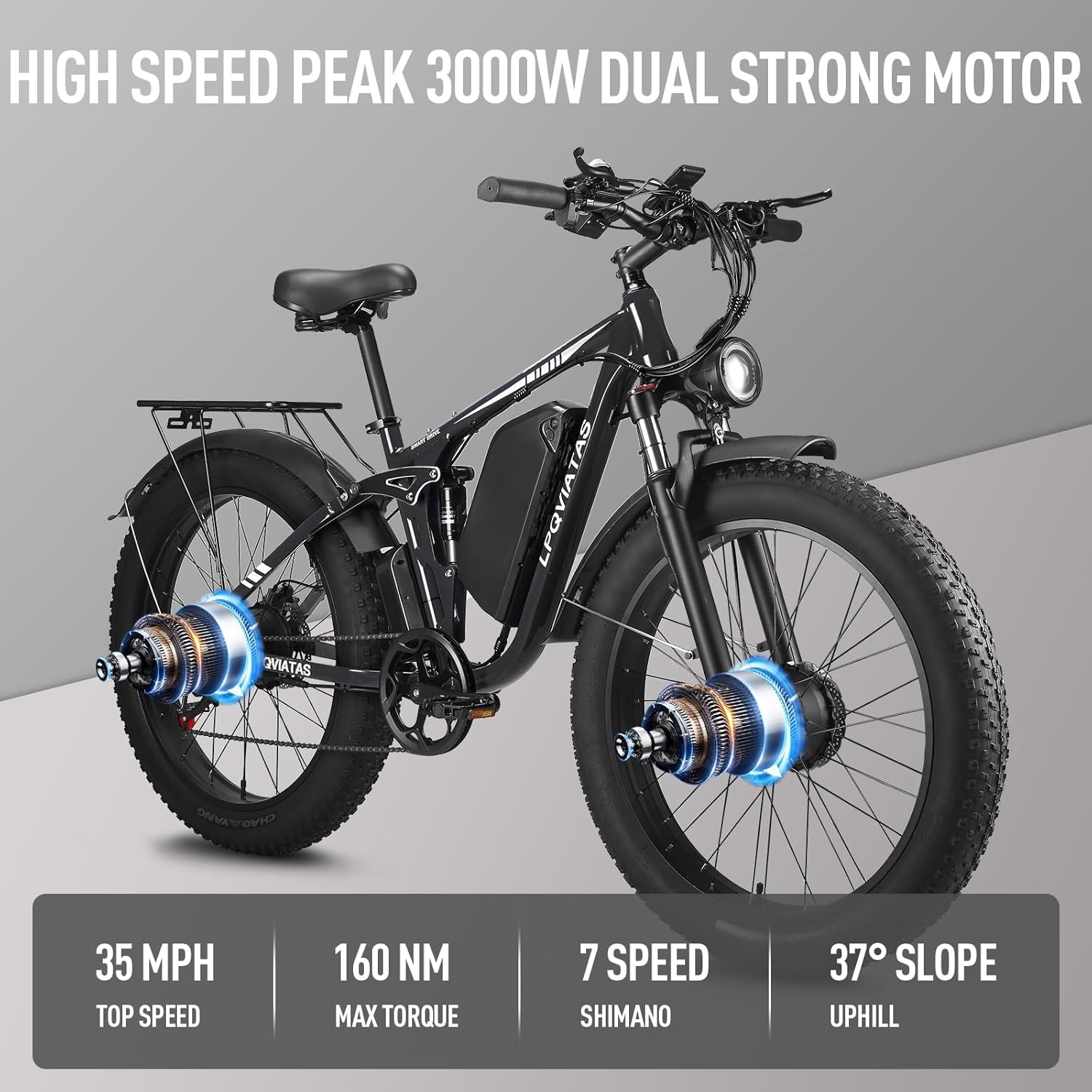 Peak 3000W Fat Tire Dual Motor Ebike 52V 23Ah Battery,26 x 4 Electric Mountain Bicycle for Adults Men 38MPH Full Lockbale Suspension Ebike 90 Miles Range 7 Speed Hydraulic Disc Brake（US Warehouse)