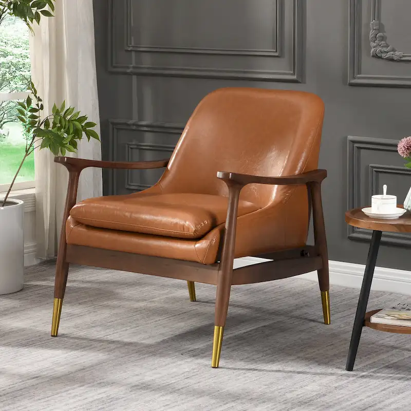 Mid-Century Modern Faux Leather Accent Chair - 29.2", Cushioned Seat, Sturdy Wood Frame, and Brass-Tipped Legs