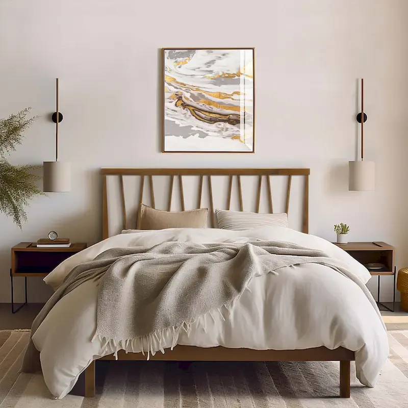 Wood V-Open Panel Headboard and Frame Platform Bed Set, Queen
