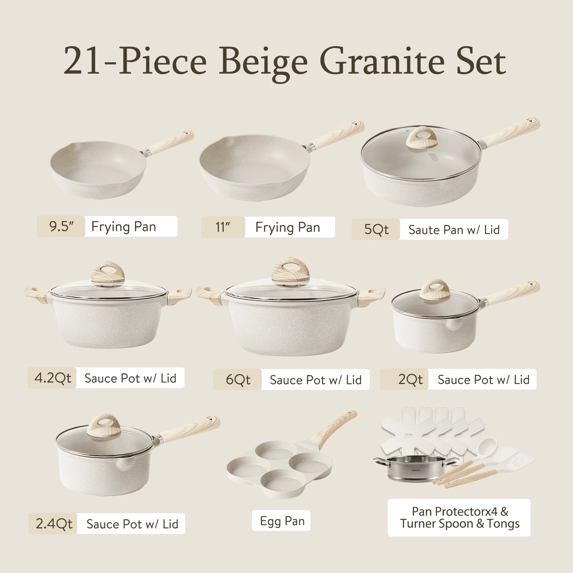 Carote Non Stick Pots and Pans Set, 21 Pcs Induction Kitchen Cookware Sets (Beige Granite)
