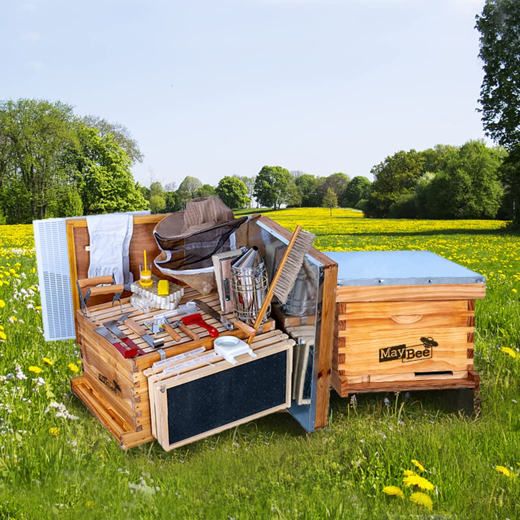 Beehive Starter Kit 8-Frame Bee Boxes and Frames Starter Kit Wax Coated Bee Hives and Supplies Starter Kit Including Beekeeping Tools Kit with Beekeeping Veil