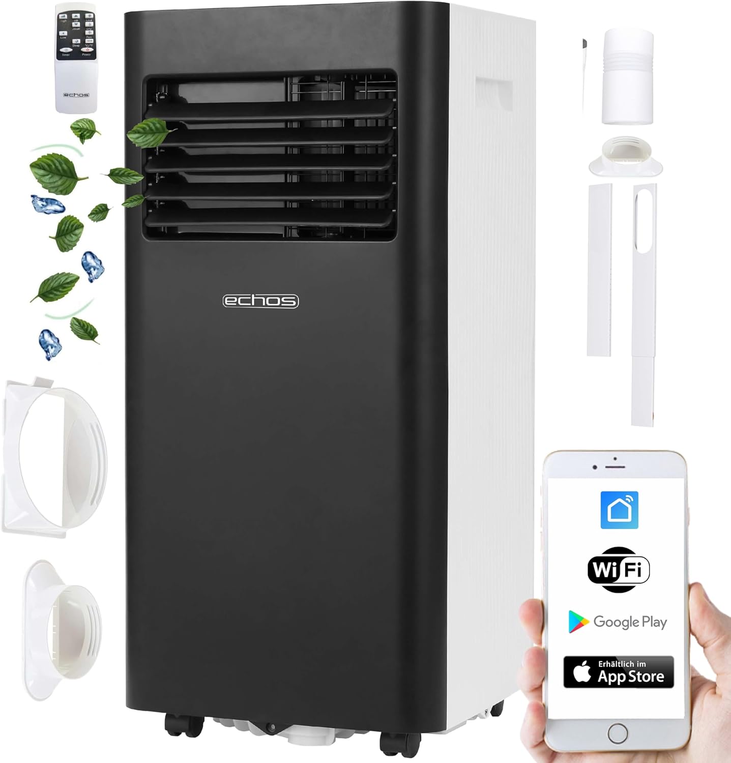 Echos Klimaanlage 3in1 WIFI mobil Fensterabdichtung mit Abluftschlauch 24h Timer Fernbedienung 9000 BTU 3 Modi Aircooler Klimagerät mobile Klimaanlage Air Cooler Klima Anlage Air Conditioner