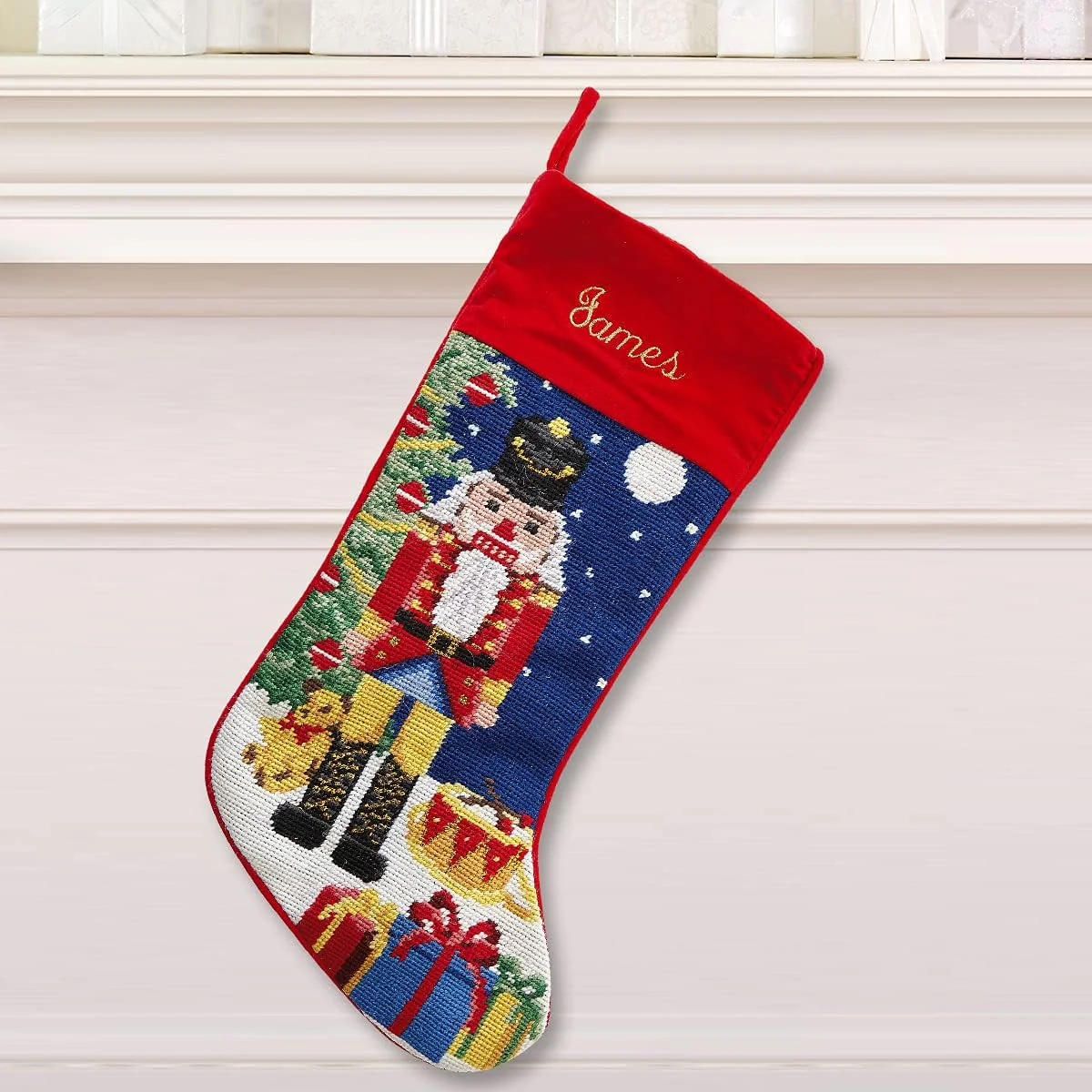 Lillian Vernon Personalized Needlepoint Reindeer Stocking - Heirloom Christmas Stocking, 100% Wool, 9.5” W x 17” L