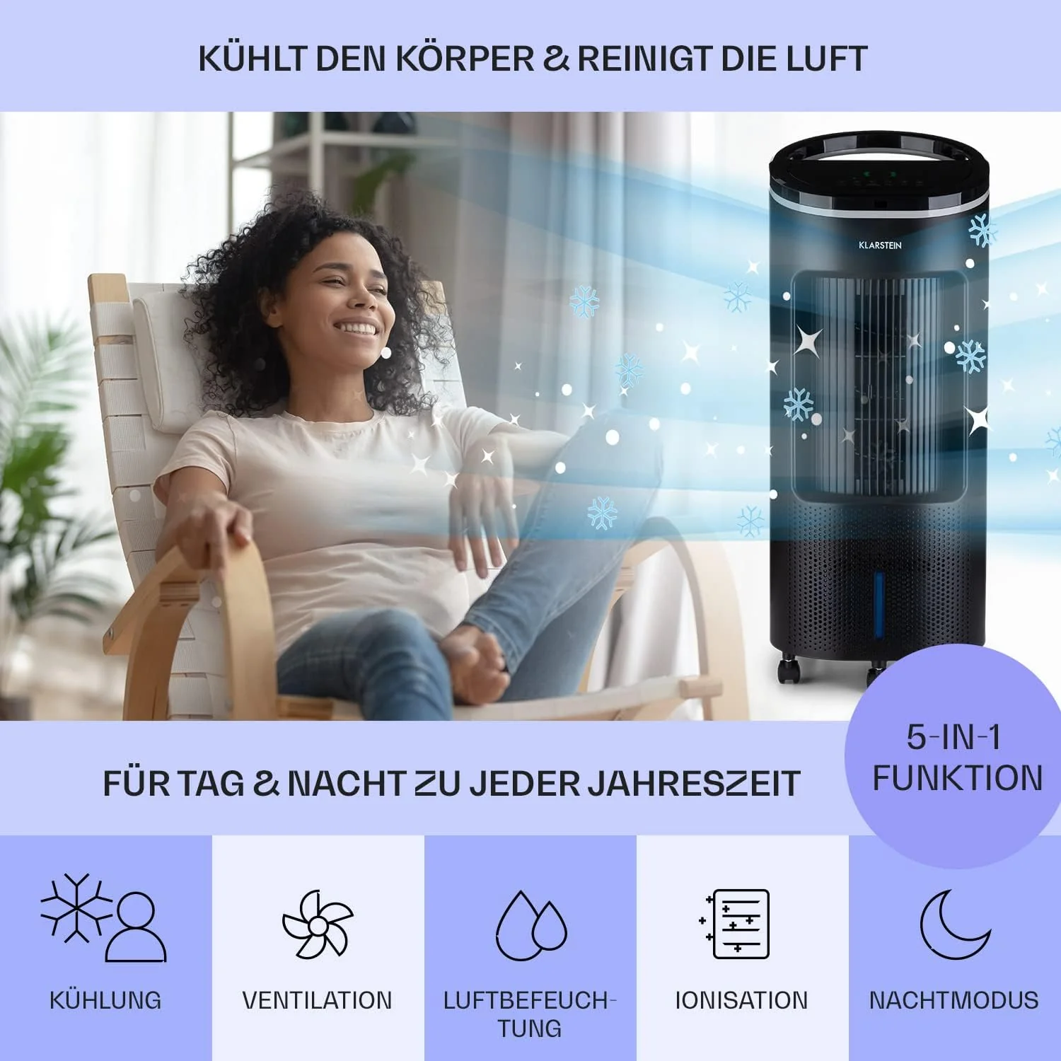 Klarstein Luftk��hler mit Wasserk��hlung, Leiser 4-in-1 Verdunstungsk��hler, Luftbefeuchter, Ventilator & Nachtmodus, Mobile Klimager?te Luftk��hler 7L, 65W Air Cooler, 330m3/h K��hlender Luftstrom