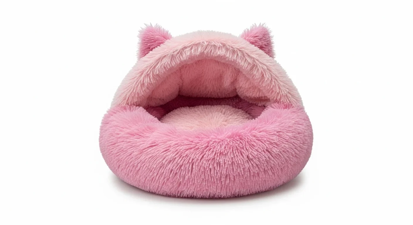Soft Pink Plush Pet Bed Featuring Fluffy Interior and Cute Ears