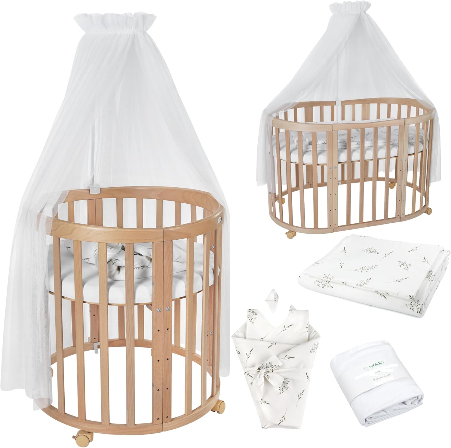 Waldin Oval Baby-Bett Mitwachsend Komplett Set 7in1, Gitterbett, Kinderbett mit Matratze, Wickelkommode, Beistellbett, Holz Weiß