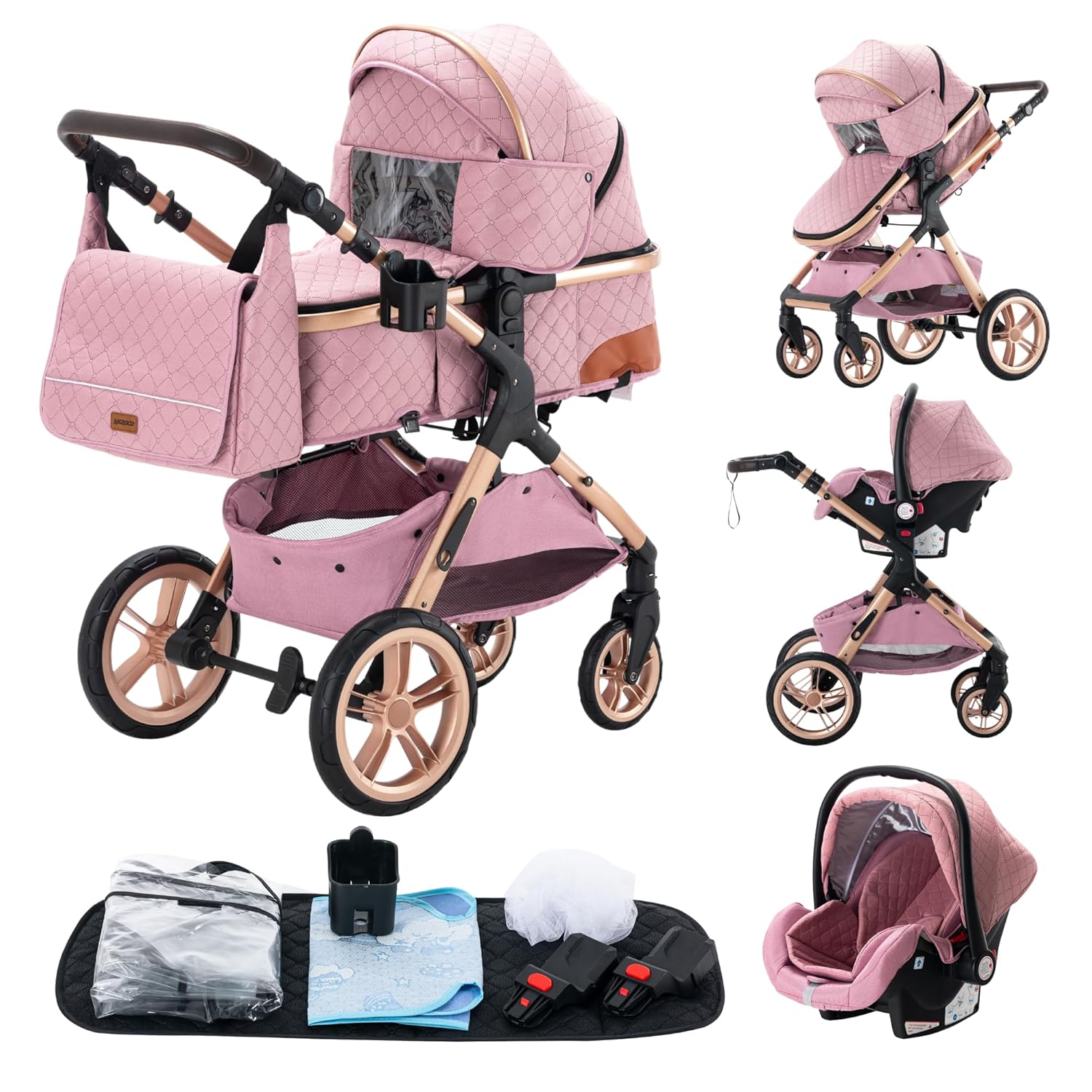 YAZOCO kinderwagen 3 in 1, Zusammenklappbar kinderwagen mit Wickeltasche,Komplettset Becherhalter,Moskitonetz, Fußabdeckung,Sitzzubehör (4 Rosa)