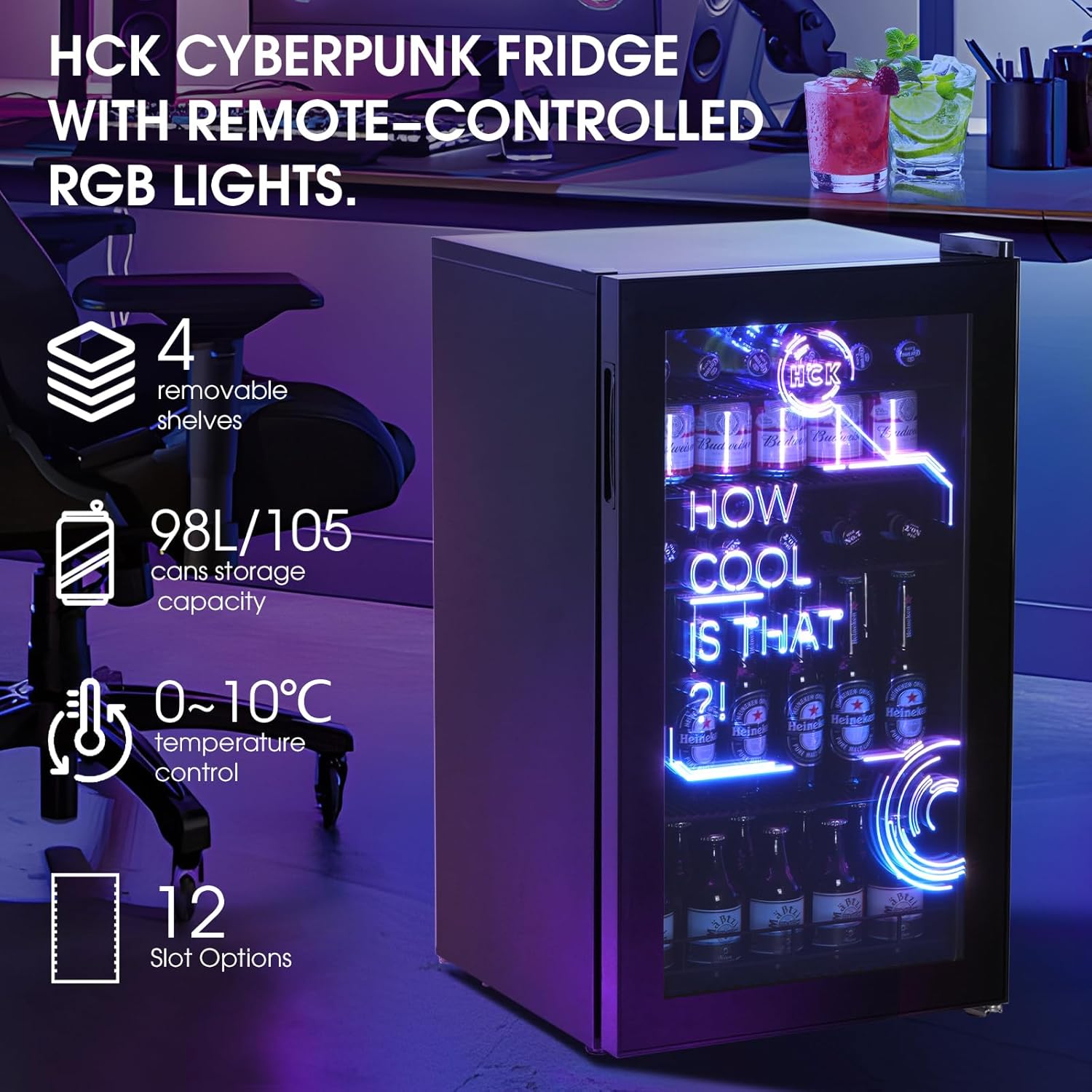 HCK 98L Getränkekühlschrank mit Cyberpunk RGB Beleuchtung, Minibar kleine Kühlschrank mit Glastür, lautlos 39dB, 0-15°C, Bierkühlschrank für Spielzimmer, Küche, Schwarz