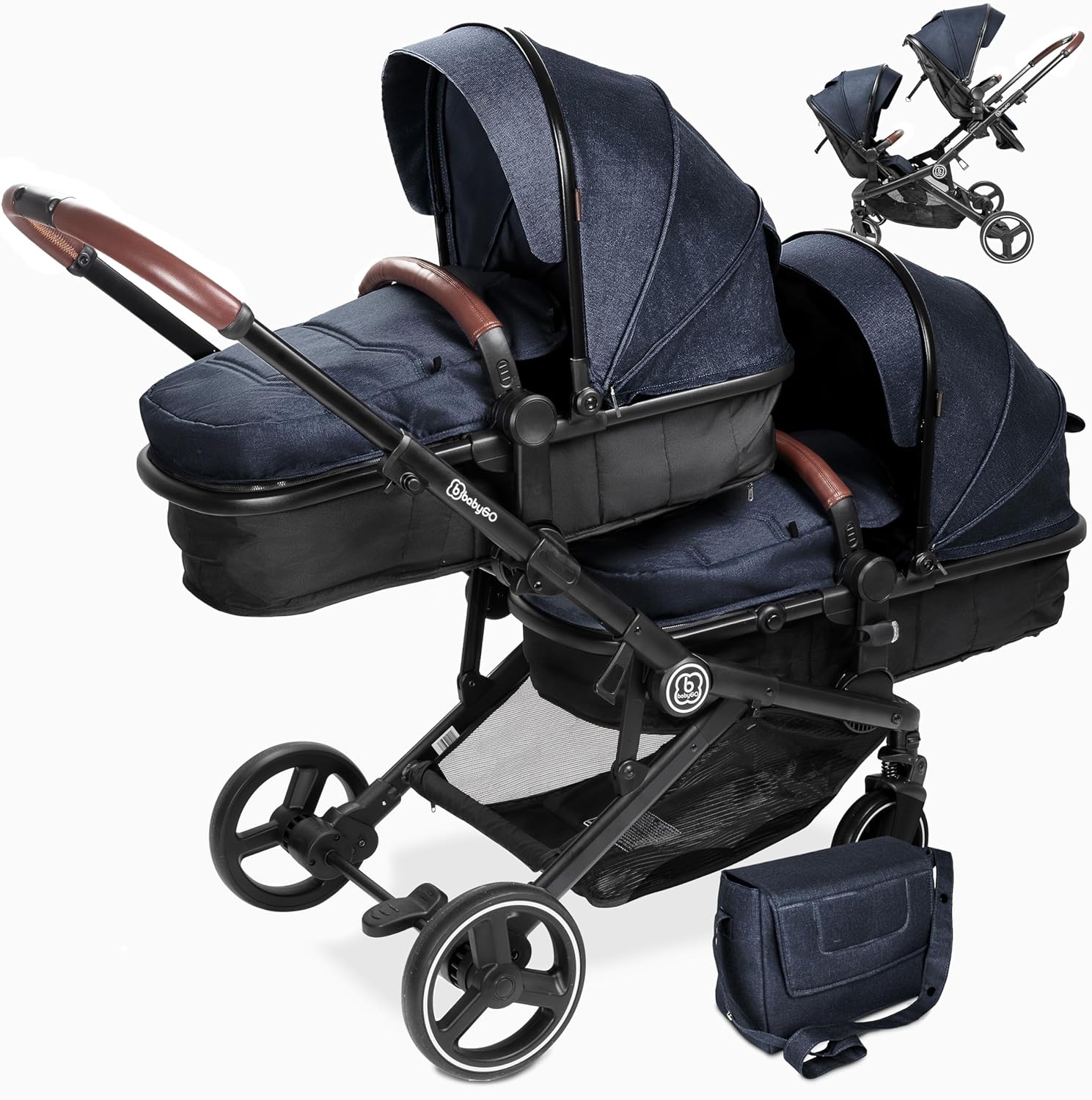 babyGO Kinderwagen 3 in 1 für Zwillinge - Geschwisterkinderwagen/Geschwisterwagen für Babys - Zwillingskinderwagen/Zwillingswagen für 2 Kinder mit viel Zubehör (Blau Melange-ohne Babyschale)