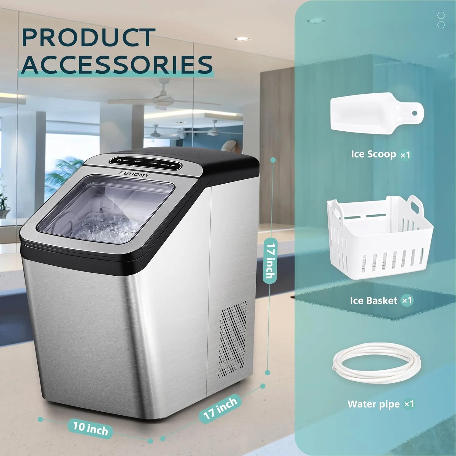 EUHOMY 18'' Nugget Ice Countertop High-efficiency Compressor Ice Maker Including Cleaner Descaler