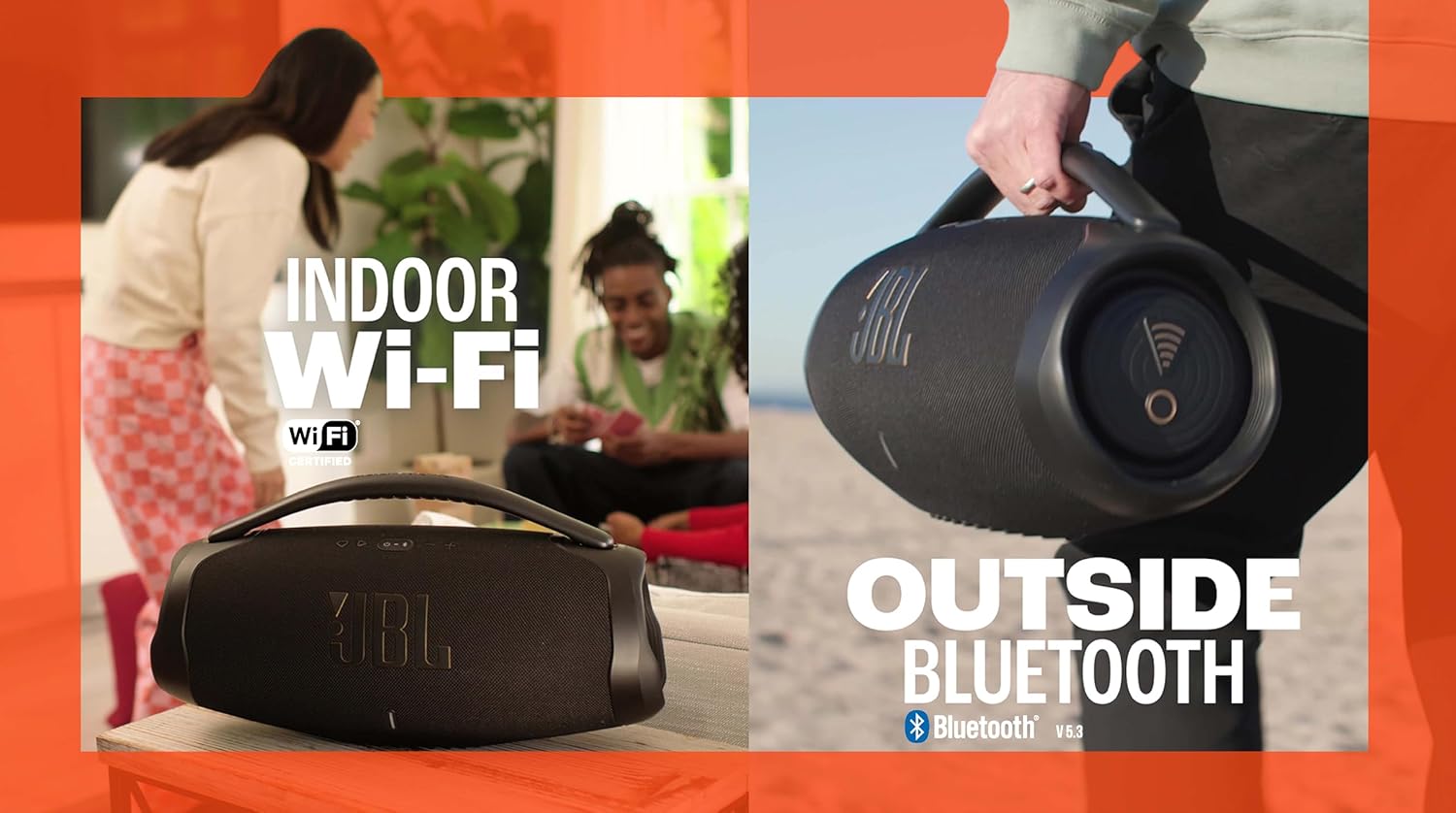 JBL Boombox 3 Wifi – Kabelloser Lautsprecher mit Bluetooth und Wifi – Kompatibel mit der JBL One App – 24 Stunden Wiedergabezeit – Wasser- und staubdicht – Integrierte Powerbank – Schwarz