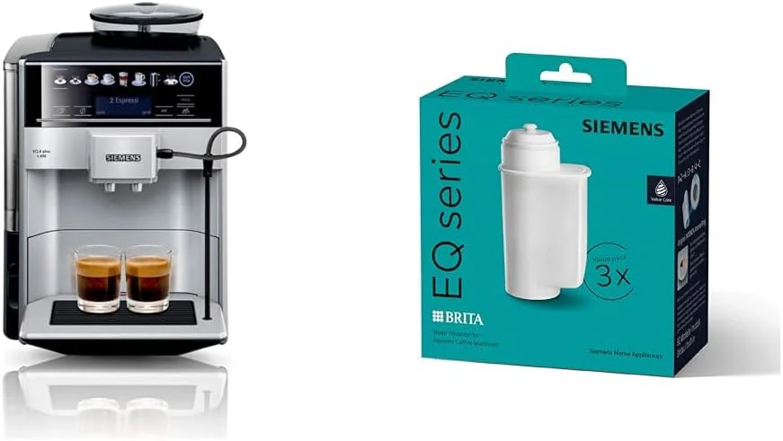 SIEMENS Volautomatische koffiemachine EQ6 plus s300 TE653501DE, voor vele koffiespecialiteiten, melkopschuimmondstuk, keramisch maalwerk, dubbele kopfunctie, antikalk, automatische stoomreiniging, 1500 W, zilver