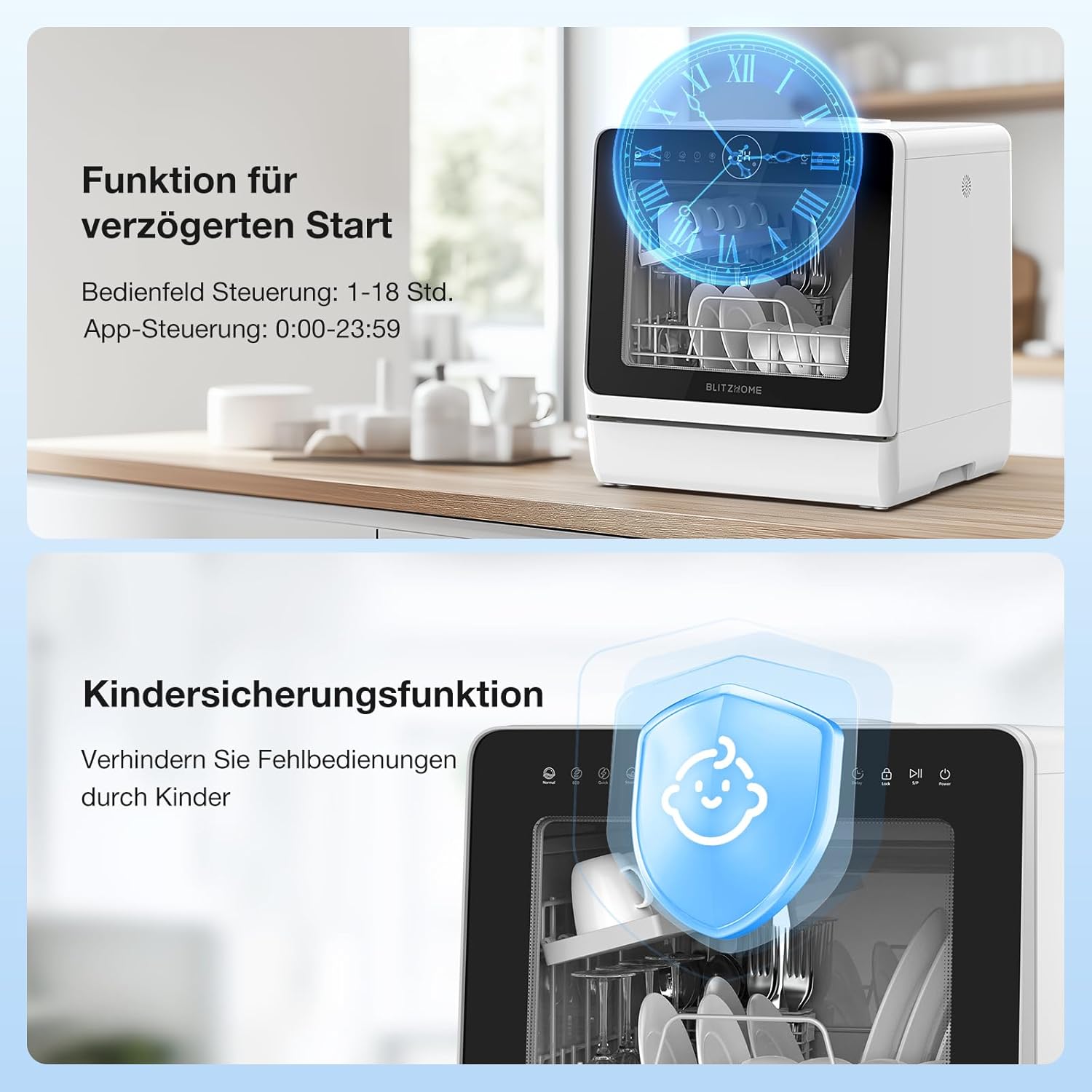 Mini Spülmaschine, BLITZHOME Geschirrspüler 8+2 Programme Smart App Steuerung Tragbarer Tischgeschirrspüler 5L Wassertank,mit/ohne Wasseranschluss Benutzbar, Trocken, Startverzögerung, Kindersicherung
