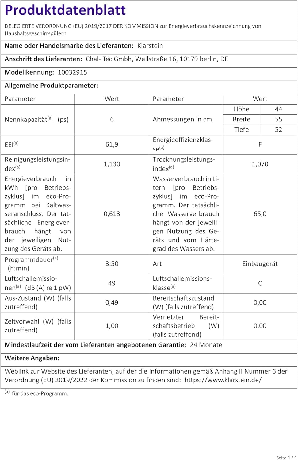 Klarstein  ia 8 - Spülmaschine, Geschirrspüler, Freistehend, Teilintegriert, F, 55 cm breit, 8 Maßgedecke, 6 Programme, Aquastop, silber