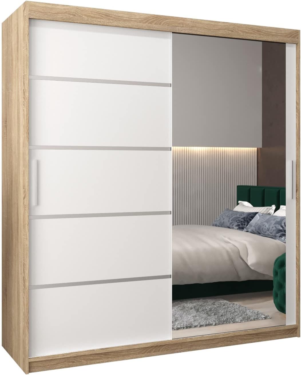 ABIKSMEBLE Verona 2 180 Armario 2 Puertas Correderas para Dormitorio - Armario Moderno con Espejo, Barra y Estantes - 180x200x62 cm (Ancho x Alto x Fondo) - Sonoma + Blanco Mate