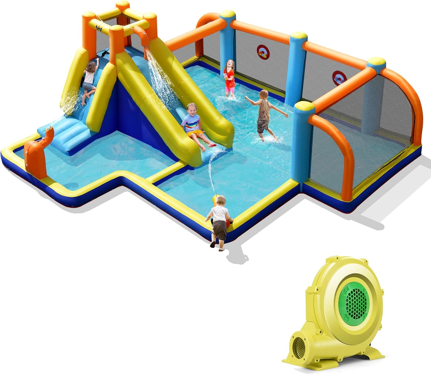 COSTWAY Aufblasbare Hüpfburg mit Gebläse, Wasserrutsche, Planschbecken, Fußballzone, Kletterwand, Zwei Wasserkanonen, und Zielspiel, Spielpool 500 x 465 x 200 cm