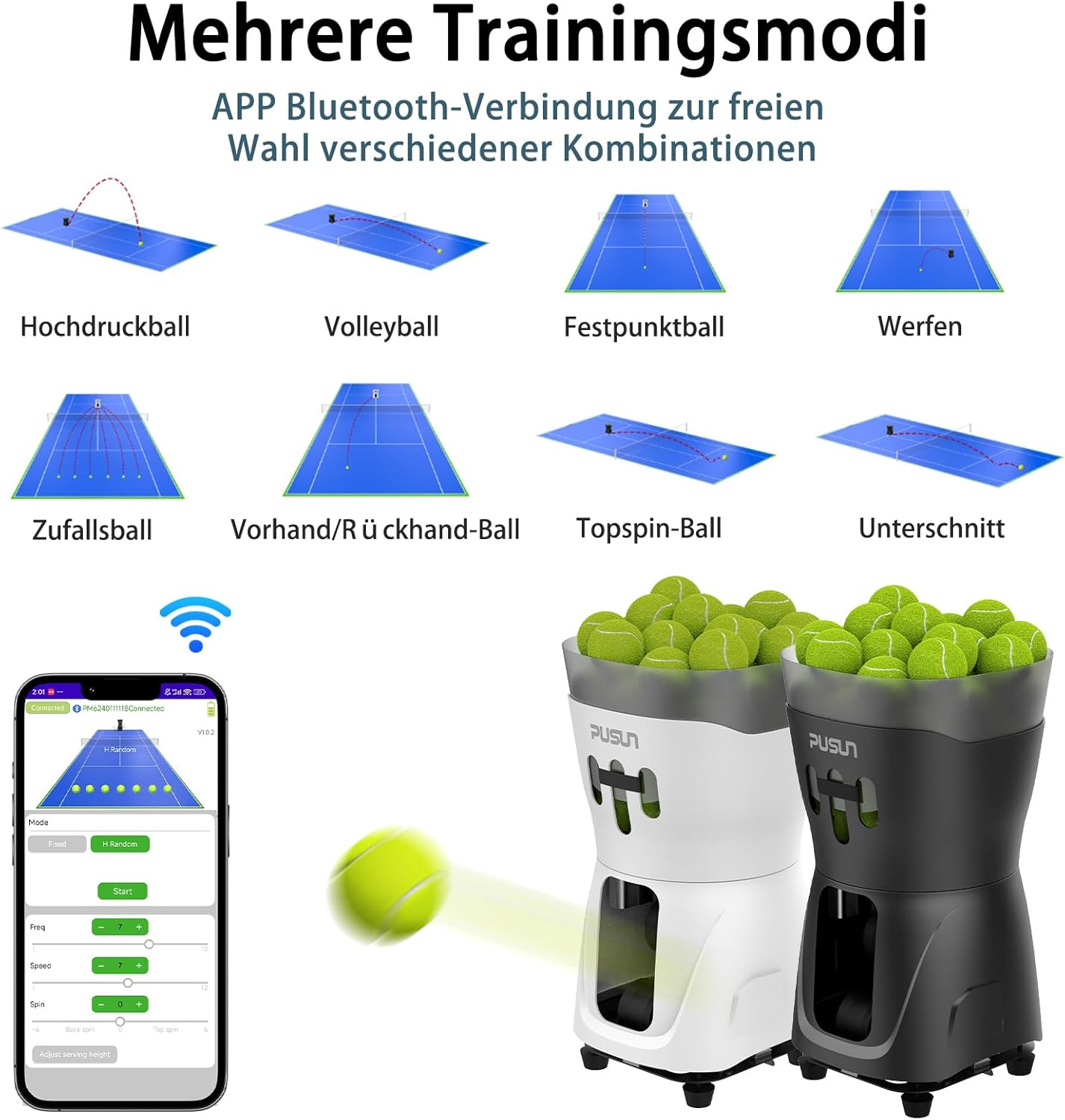 PT-MINIPro Tragbare Tennisballmaschine - Leichte Indoor-Tennismaschine mit APP-Steuerung, 65-Ball-Kapazität, Tennistrainer für Schulen (3-5h Akku)