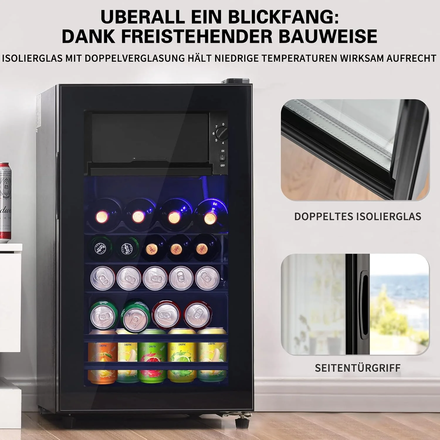 Merax Koelkast 128L, Vrijstaande Drankkoeler met 120L Koelruimte + 8L Vriezer, met LED Binnenverlichting en Verstelbare Legplanken, Superstil voor Restaurant, Bar, Drankjes en Bier