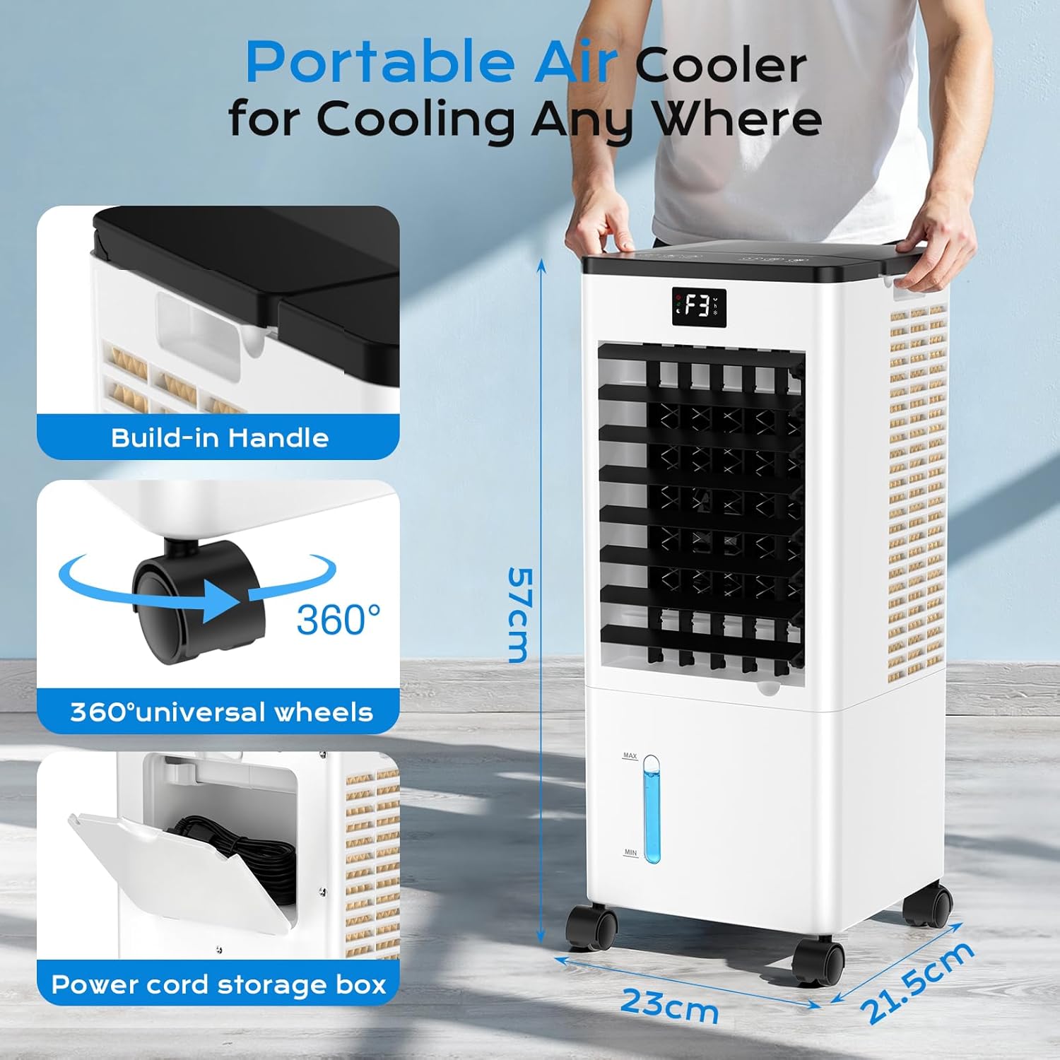 Klimaanlage Mobil Ohne Abluftschlauch, 4 IN 1 Verdunstungskühler Wassertank Leiser Luftkühler Schlafmodus 4 Modi 3 Geschwindigkeiten 60/120° Oszillation 1-12h Timer 4 Kühlakku für Zuhause Schlafzimmer