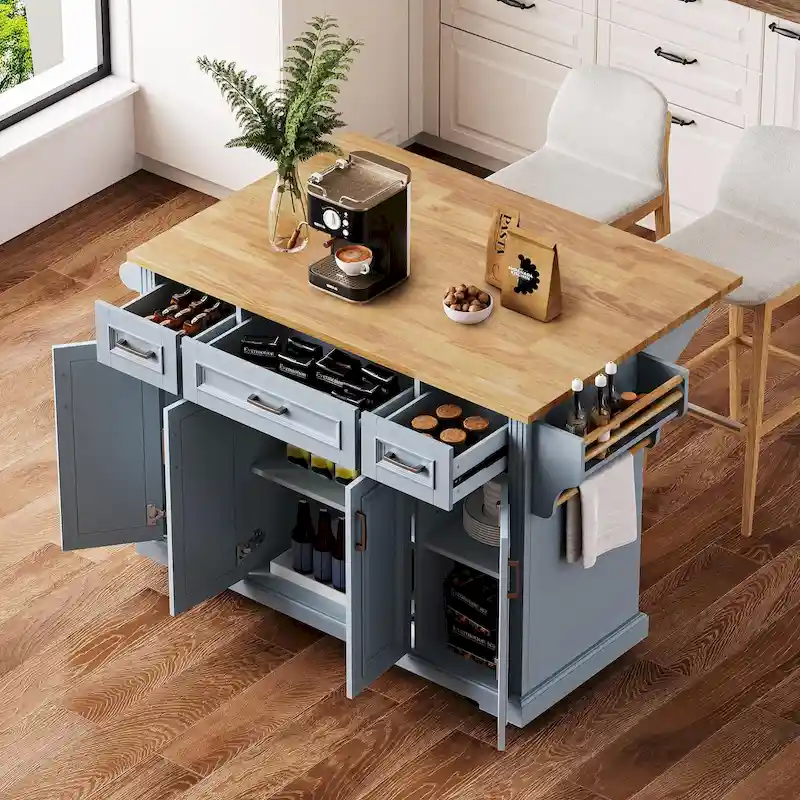 54-Inch Large Kitchen Island with Rubberwood Drop Leaf, Embossed Texture, Rolling Cart on 4 Wheels, Featuring 4 Doors and 3 Drawers