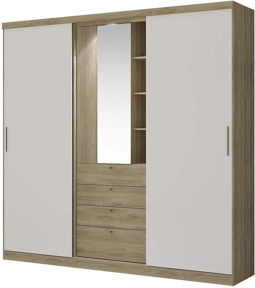 Vente-unique -Wardrobe with 2 sliding doors - Mirror and drawers - L.240 cm - Natural and Ivory - BODIL II