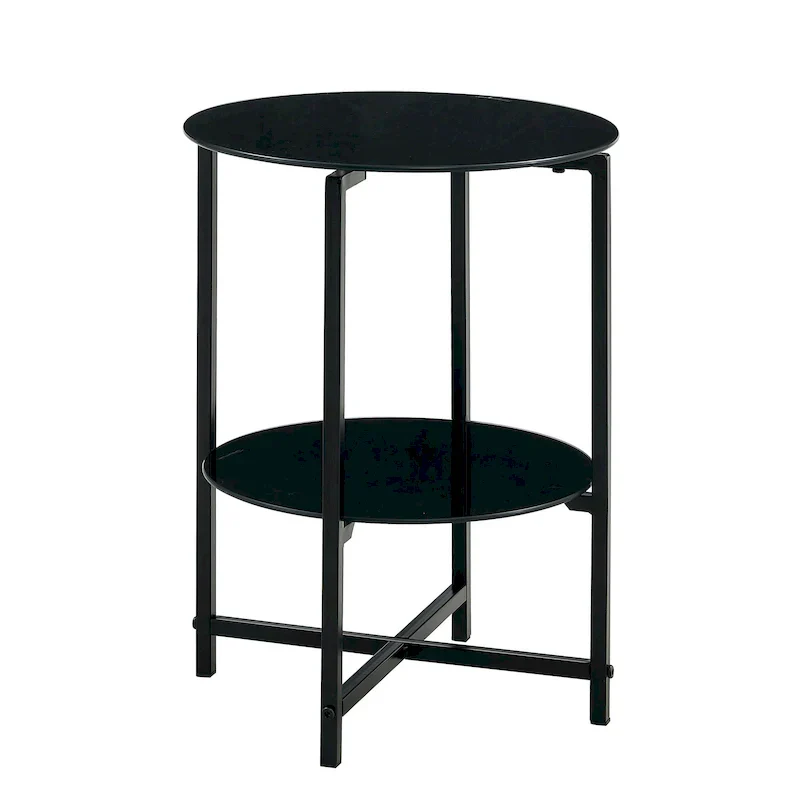 Double-Layer Round Tempered Glass End Table/Coffee Table with Sturdy Iron Frame