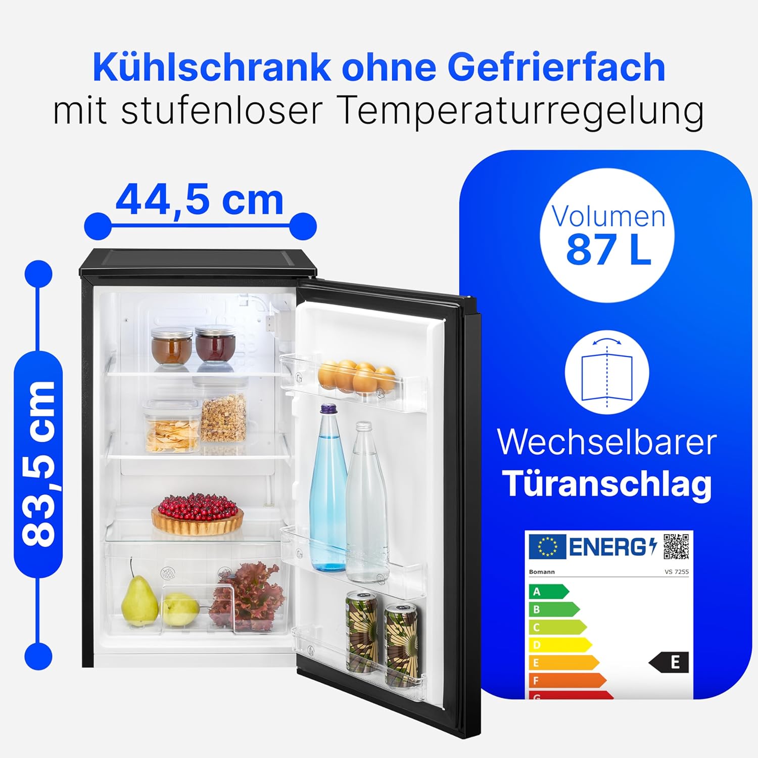 Bomann Kühlschrank ohne Gefrierfach 87L energieeffizient, leise  und  kompakt 0°C-8°C, stufenlos regelbar 3 Ablagen  und  Gemüsefach Türanschlag wechselbar Standardkühlschrank VS 7255 schwarz