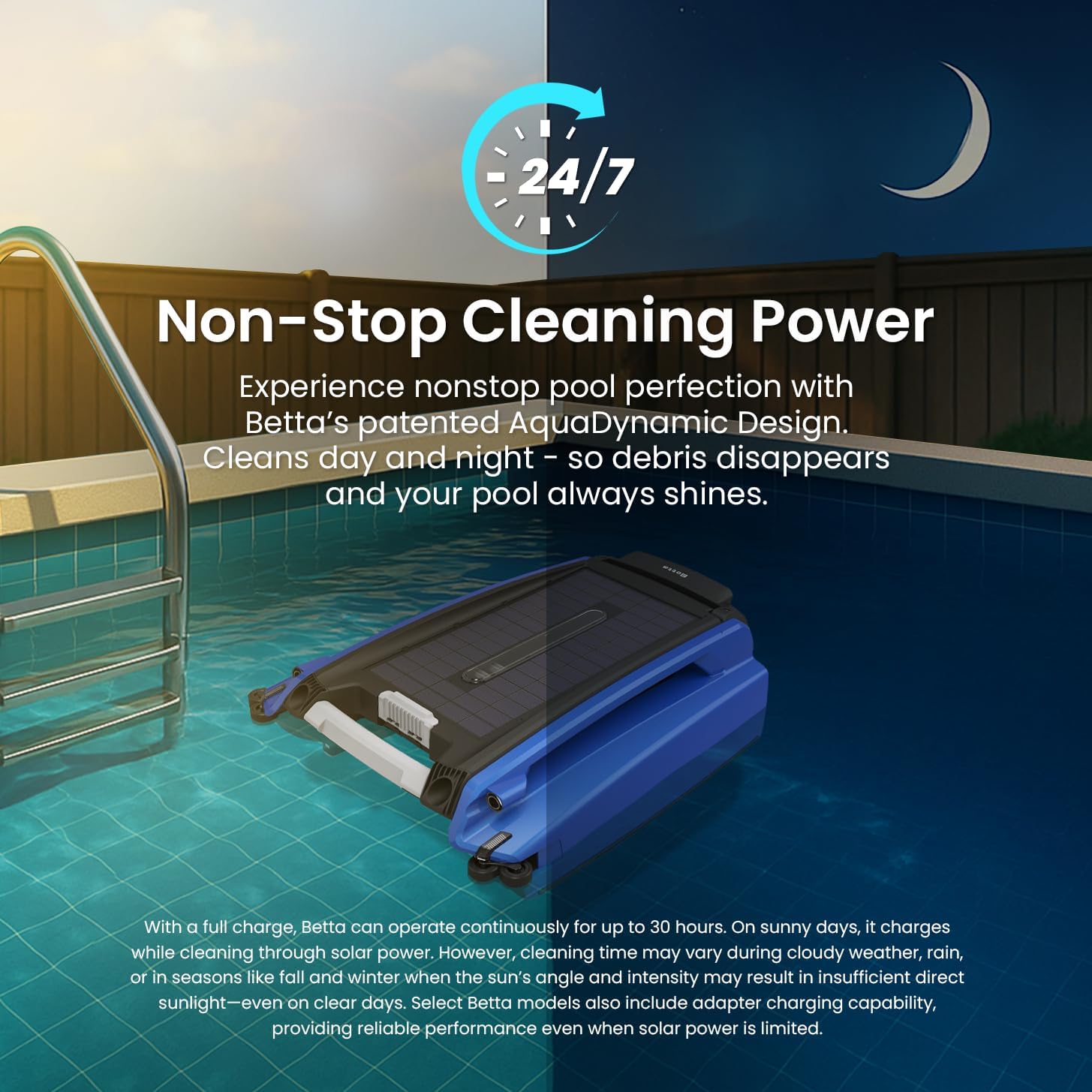Betta SE Solar Powered Automatic Robotic Pool Surface Skimmer Cleaner with 24/7 Continuous Cleaning Battery Power and Re-Engineered Twin Salt Chlorine Tolerant Motors (Blue)