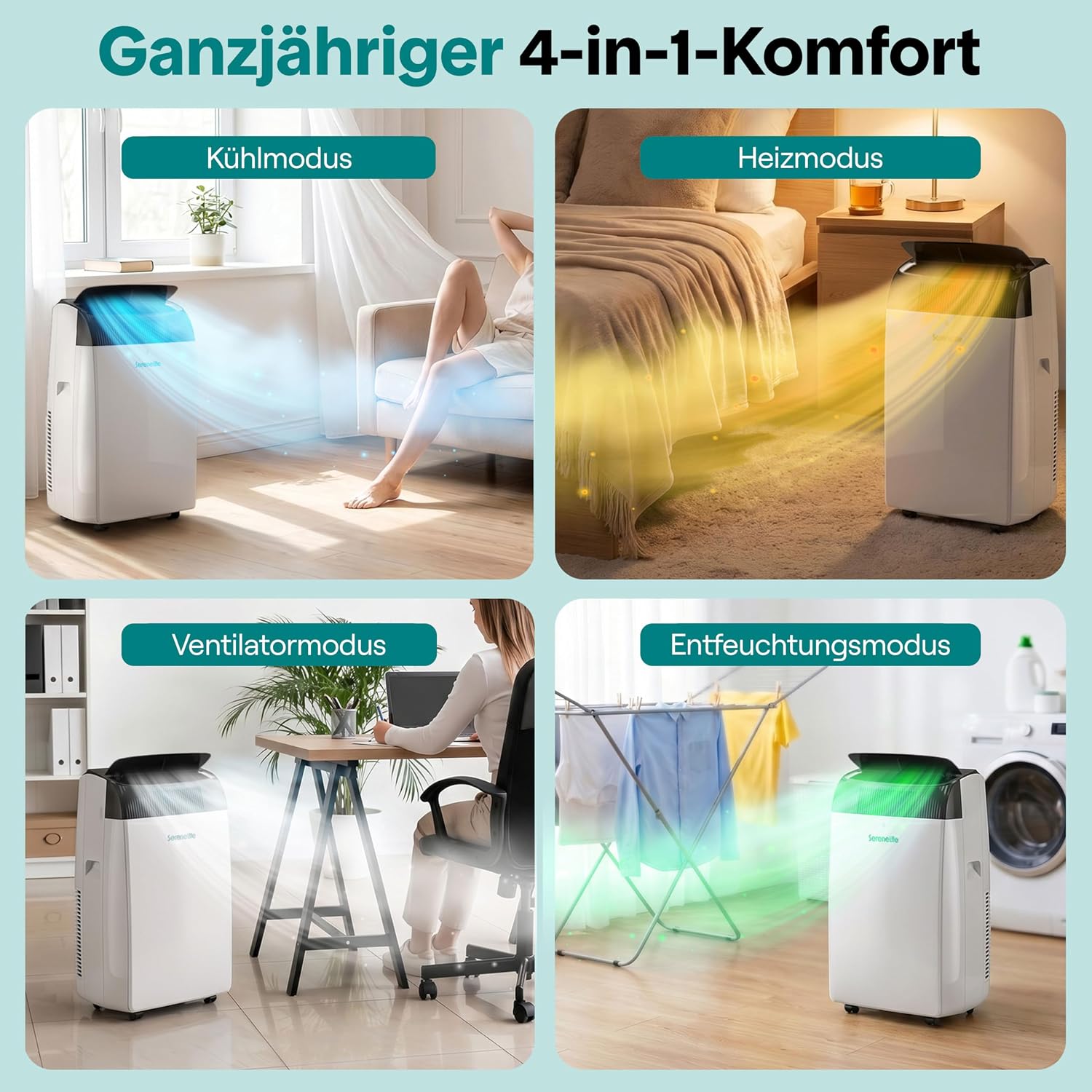 SereneLife Mobile Klimaanlage 4,1 kW 14000 BTU – Klimaanlage Mit Heizfunktion Für Zimmer Bis 40 m² Leise 51 dB Klimagerät Schlafzimmer Mit Entfeuchter, Lüfter, Fernbedienung