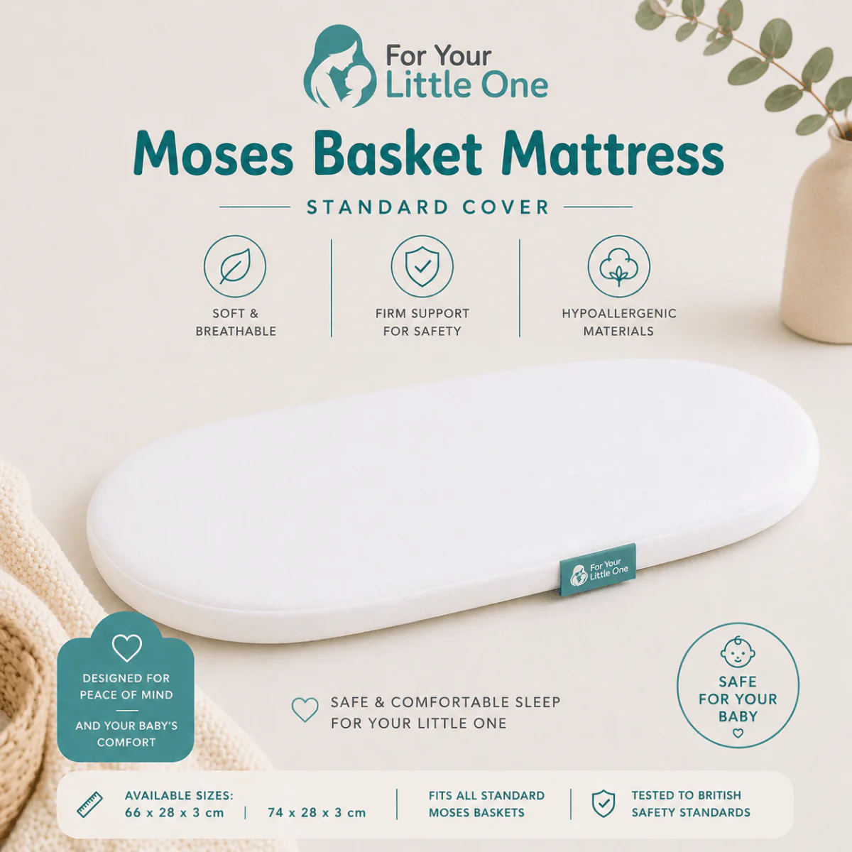 Moses Basket Mattress 66 x 28 x 3 cm