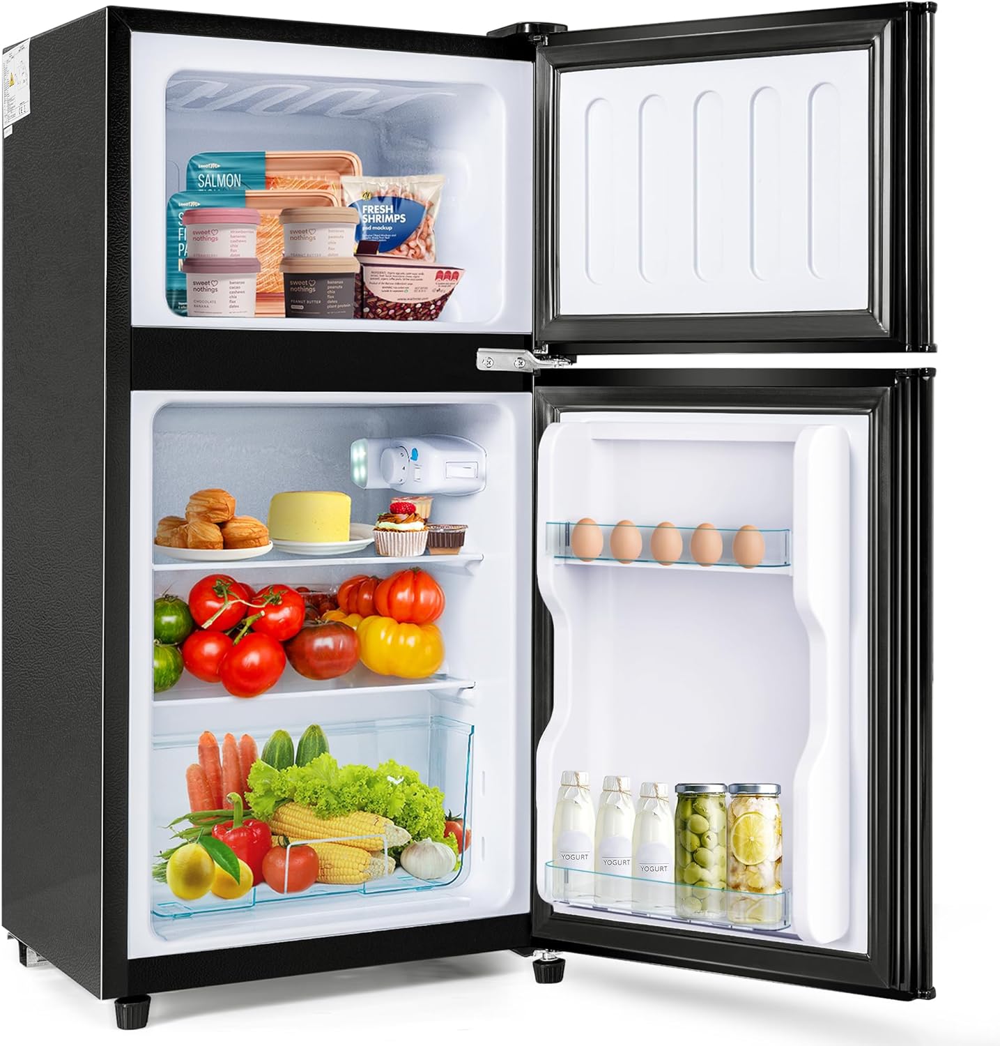 Combinación refrigerador-congelador, altura 86,8 cm, ancho 45,5 cm, doble puerta, volumen total 60 litros, volumen congelador 22 litros, volumen refrigerado 38 litros.