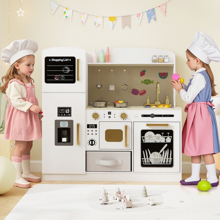 Wooden Kids Kitchen Playset with Chalkboard Ice Maker Sink Lighted Microwave