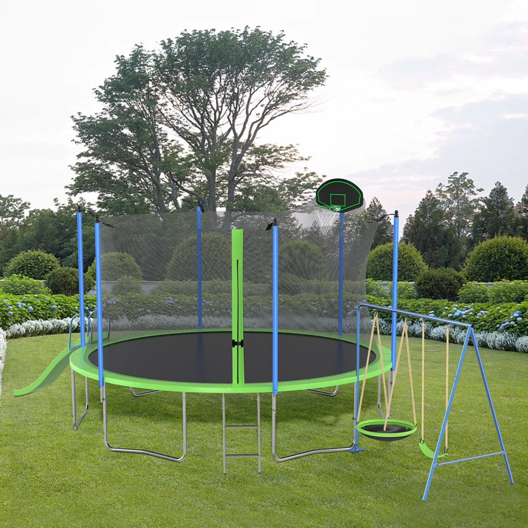 12FT Trampoline with Slide and Swings, Large Outdoor Backyard Trampoline with Basketball Hoop and Ladder for Kids and Adults