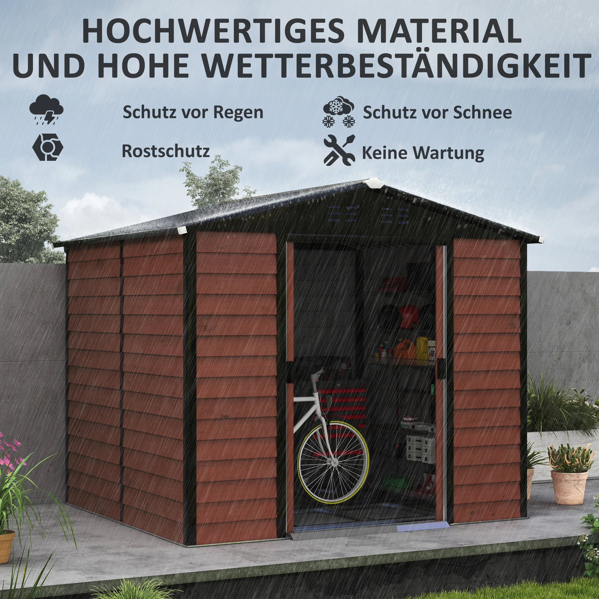 Outsunny Metalen Tuinschuur, Weerbestendig & Roestvrij, Afsluitbaar, 2,40 x 2,06 x 1,98 m, Teak
