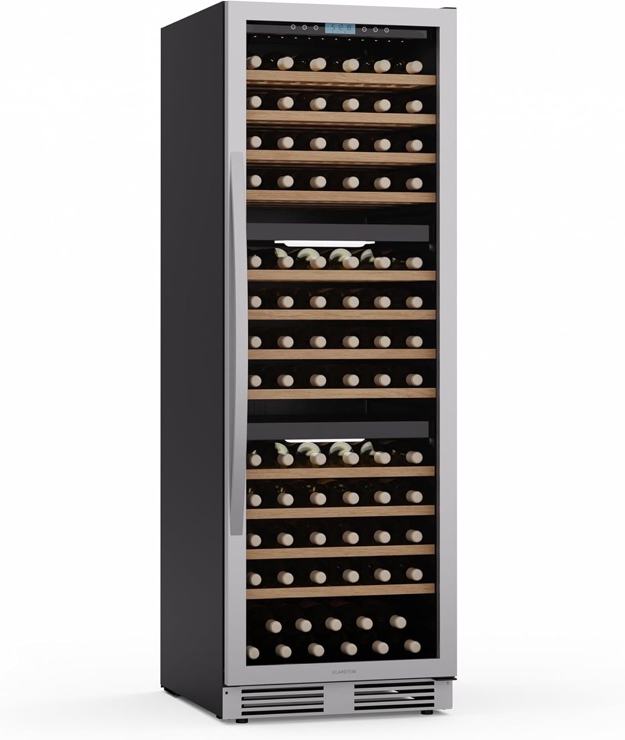 Klarstein Vinovilla Trio Weinkühlschrank – 144 Flaschen, 3 Zonen, 5–20°C, LED-Beleuchtung, UV-Schutz, freistehend, Weinklimaschrank