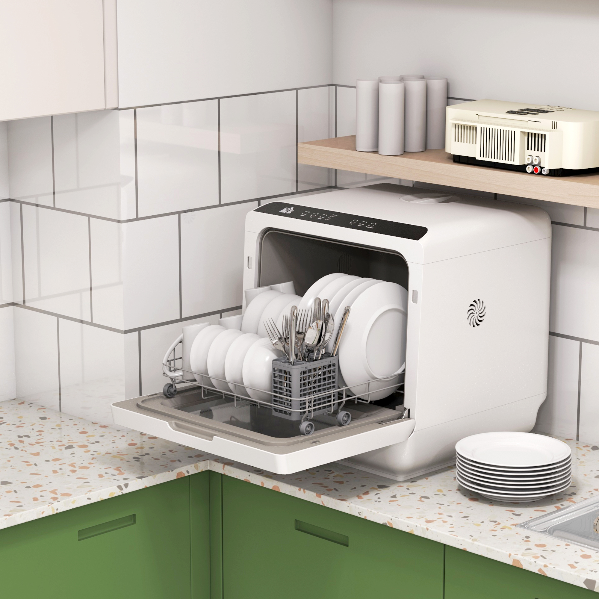 HOMCOM Compacte Tafelvaatwasser, 4 Couverts, Droogmodus, 6L Tank/Kraan, Startuitstel, LED, Wit