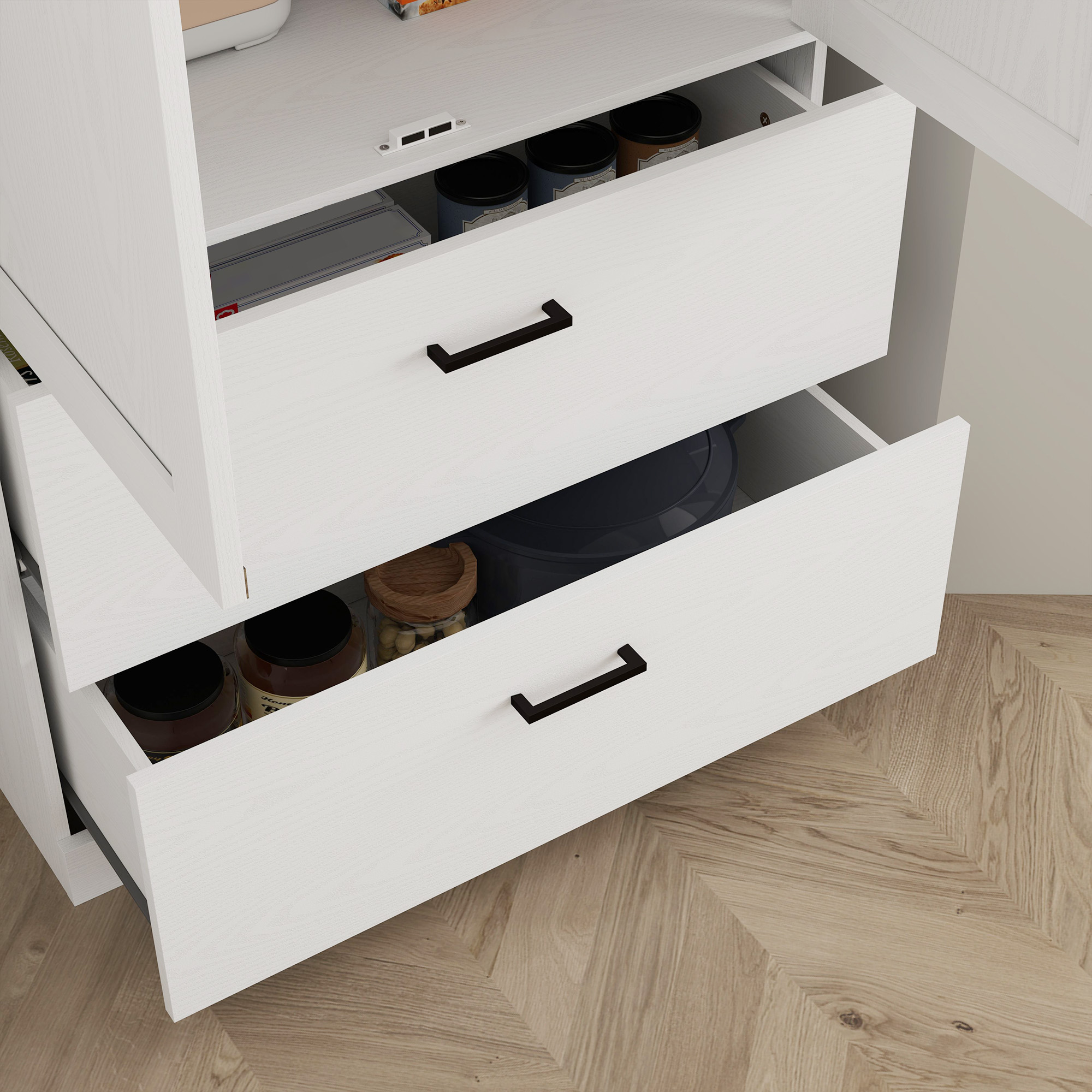 Vrijstaande Keukenkast met Verstelbare Schappen en Twee Brede Laden voor Woonkamer, Keuken, Wit